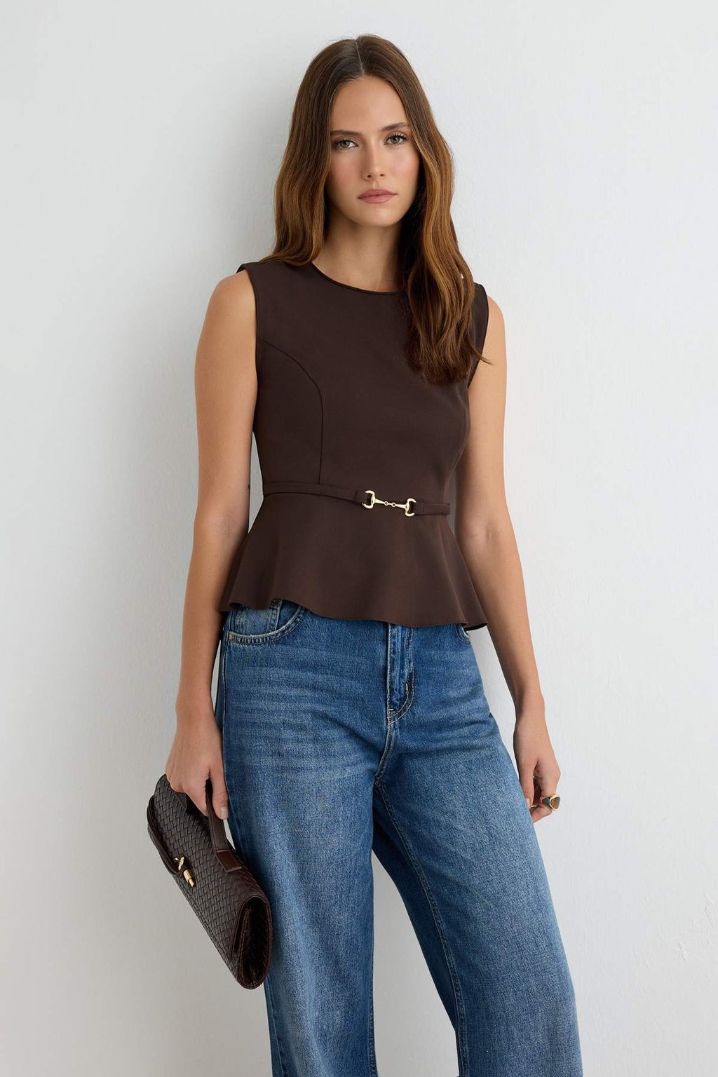 Belt Detail Sleeveless Round Neck Regular Fit Blouse