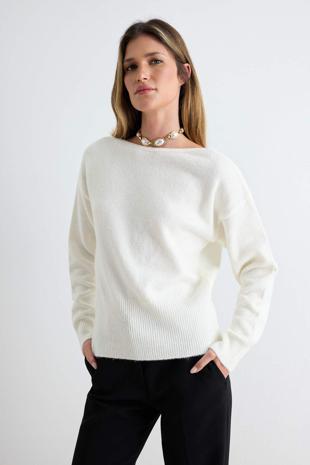 Soft Touch Back Lace Detail Boat Neck Long Sleeve Knitwear