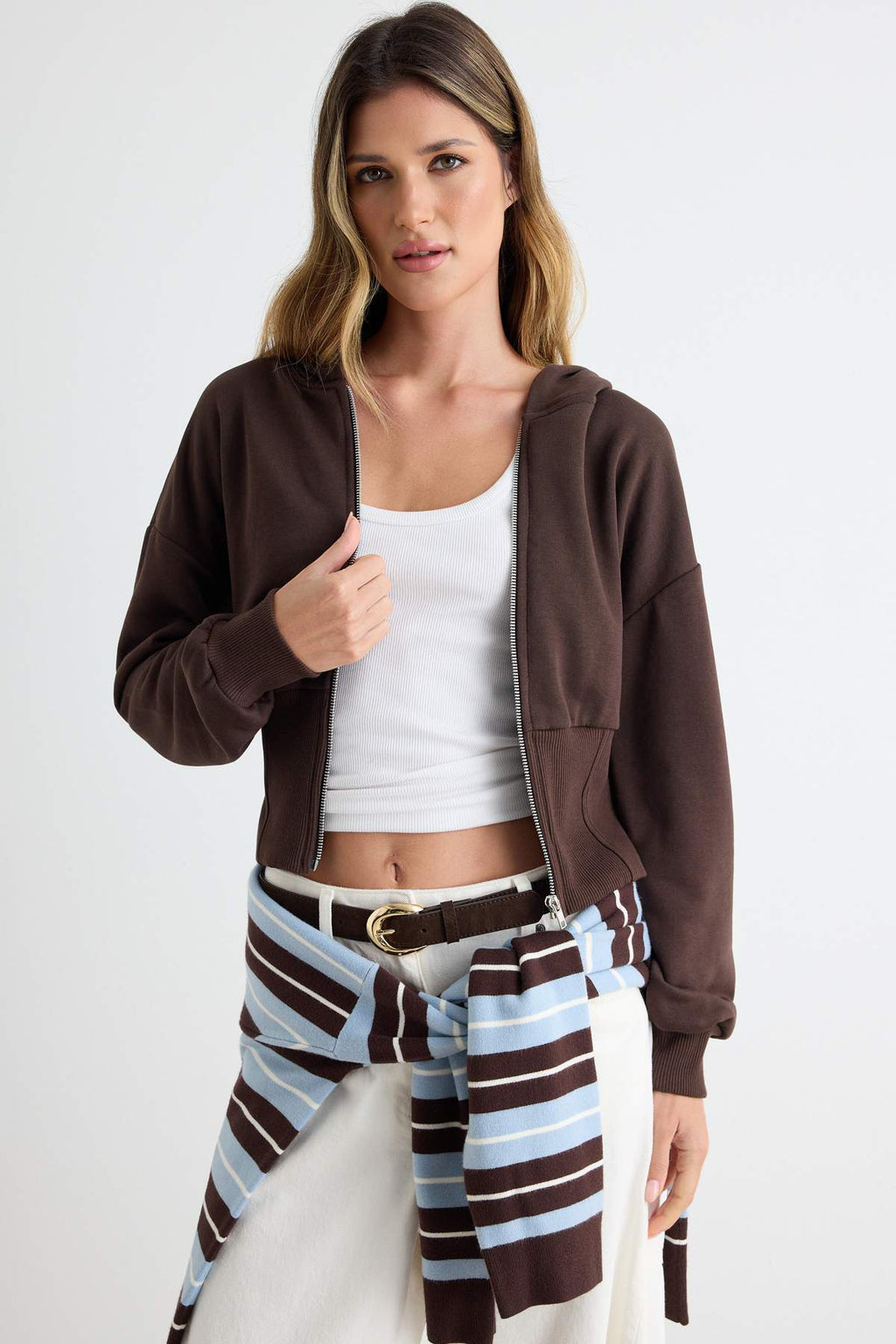 Thick Hooded Zip Through Cropped Sweatshirt