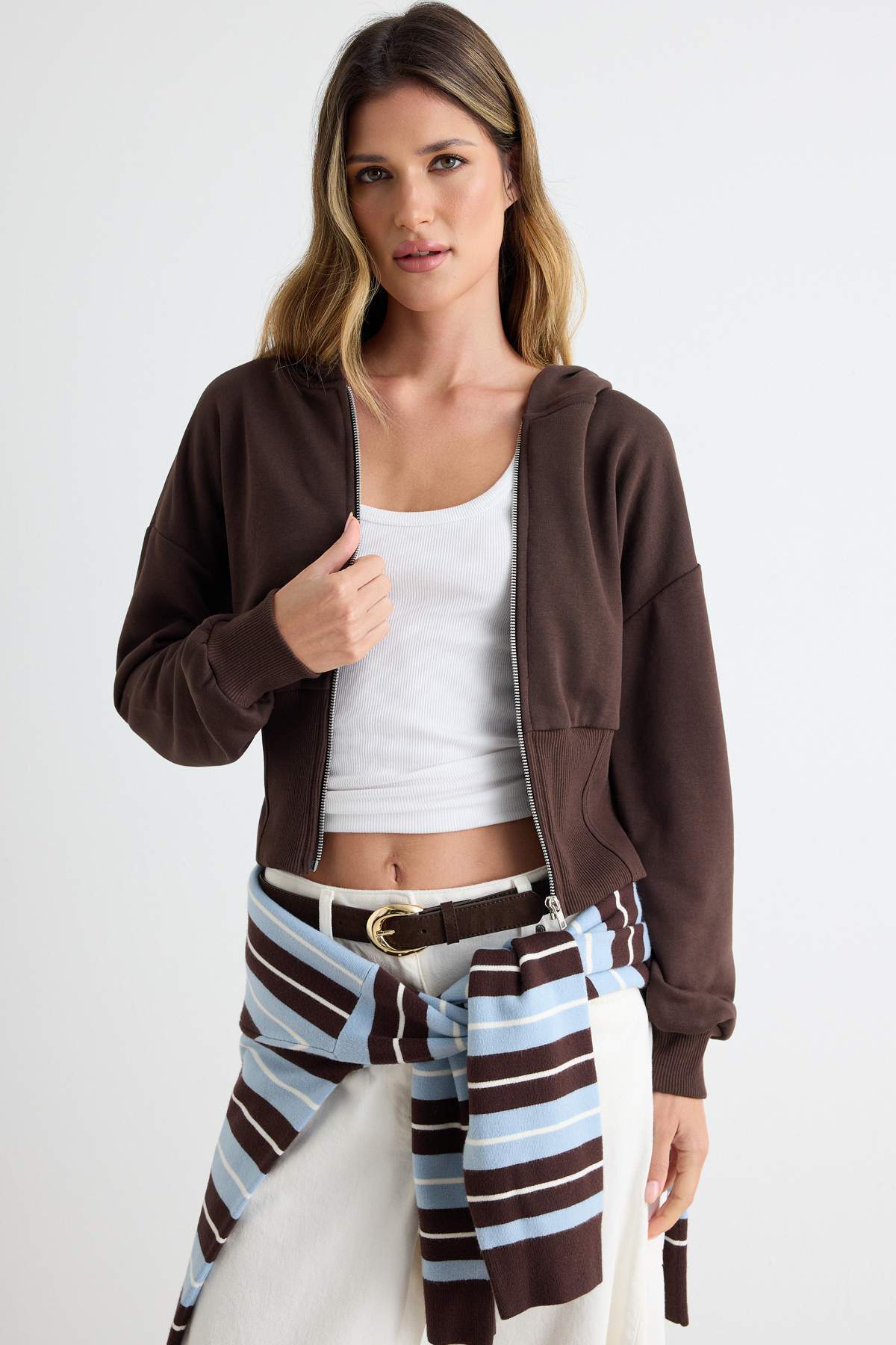 Thick Hooded Zip Through Cropped Sweatshirt