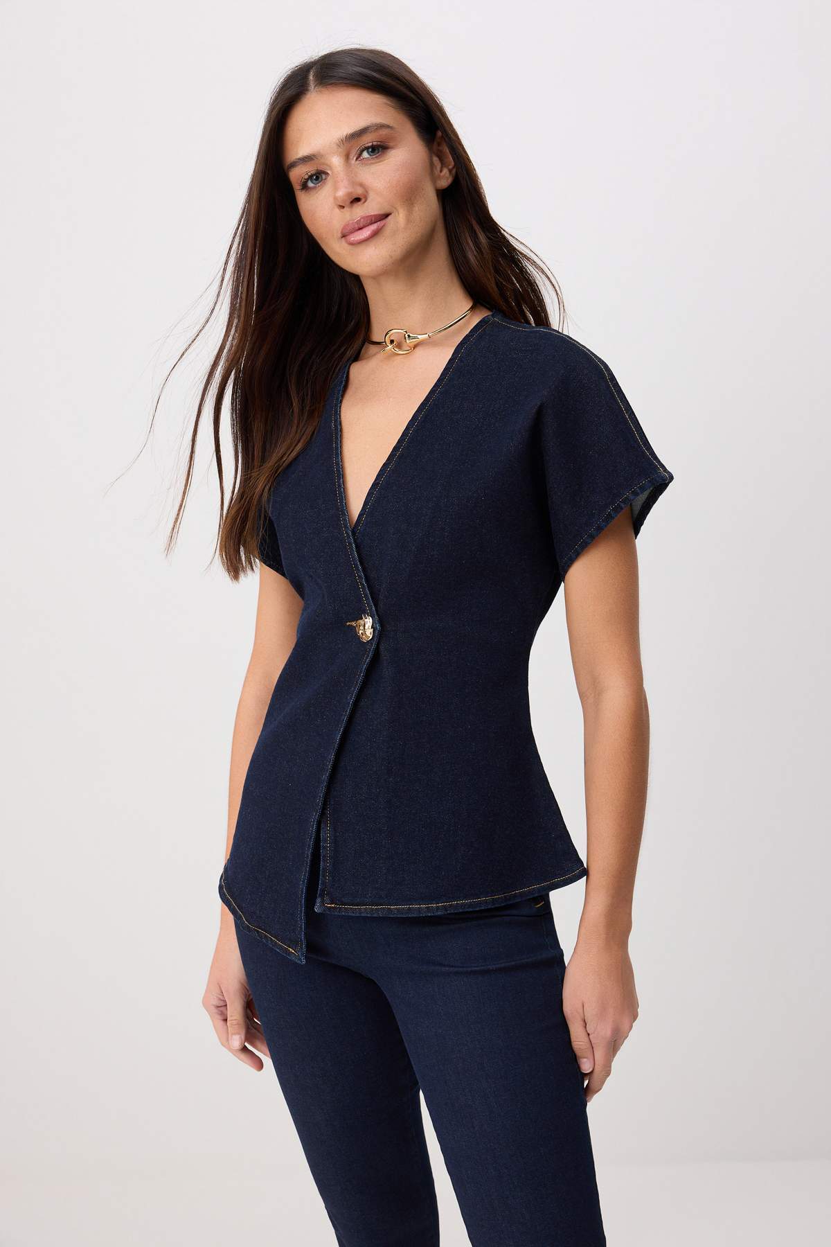 Button Detail V Neck Asymmetric Long Sleeve Blouse