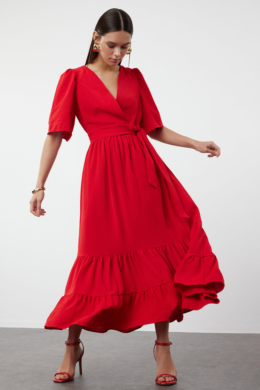 Belted Wrap Neck Back Detail Midi Dress