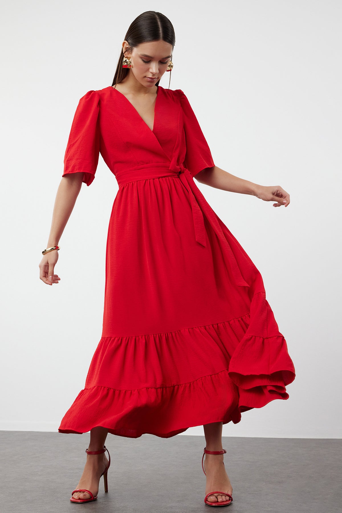 Belted Wrap Neck Back Detail Midi Dress