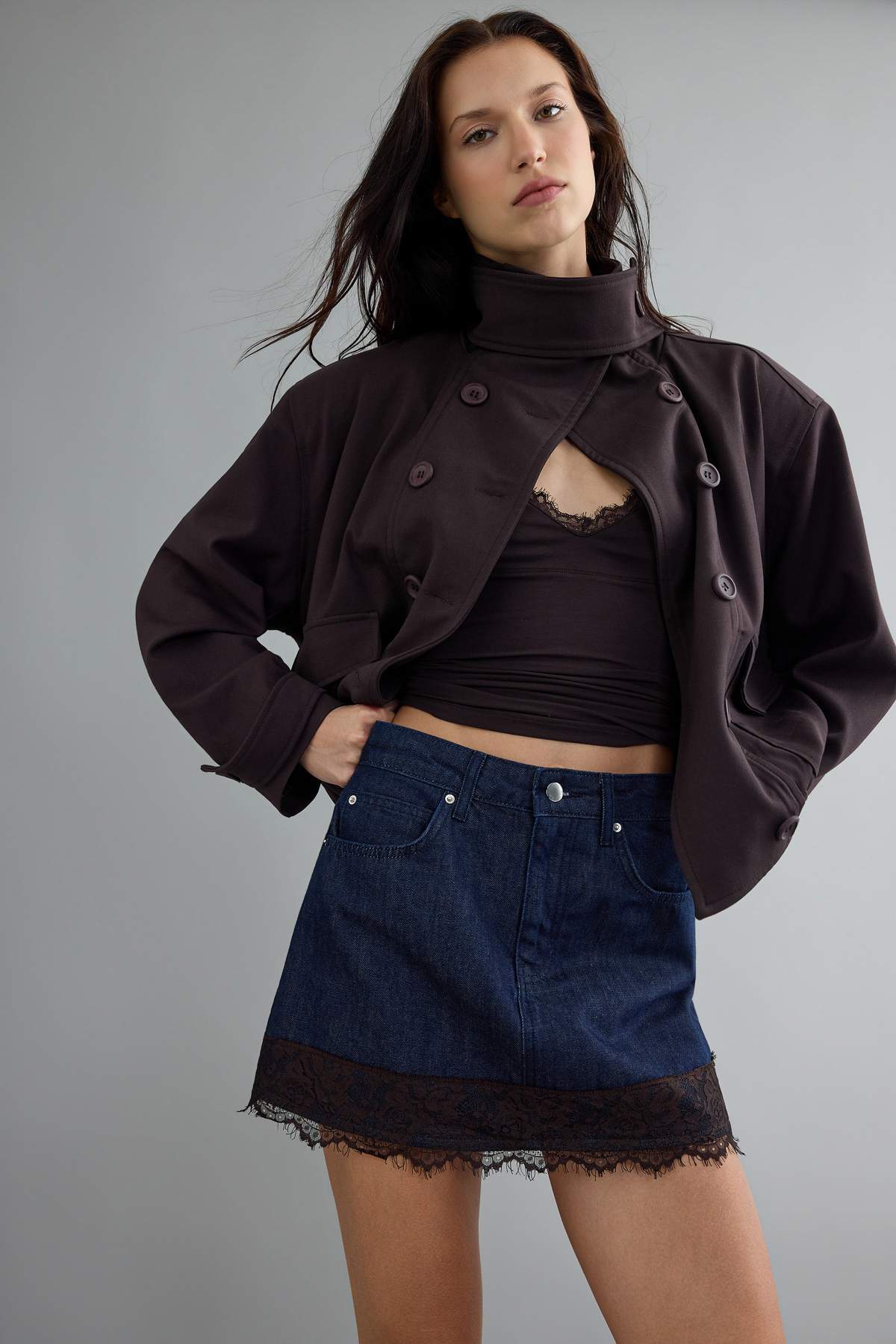 Lace Detail High Waist Mini Denim Skirt