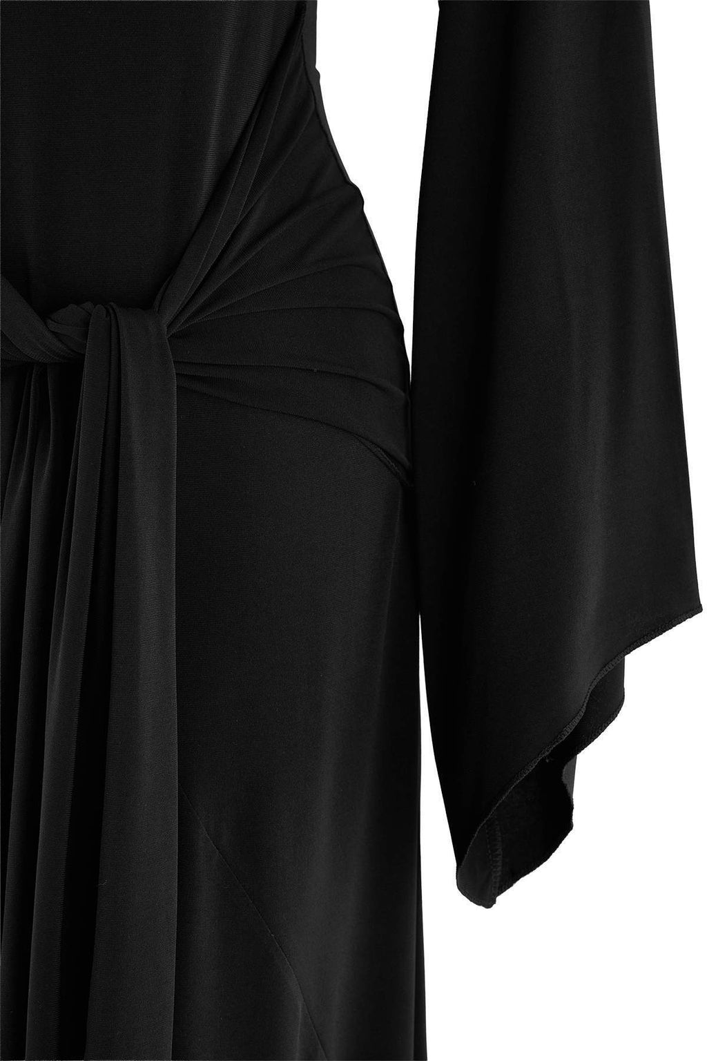 High Neck Long Sleeve Tie Waist A-Line Maxi Dress