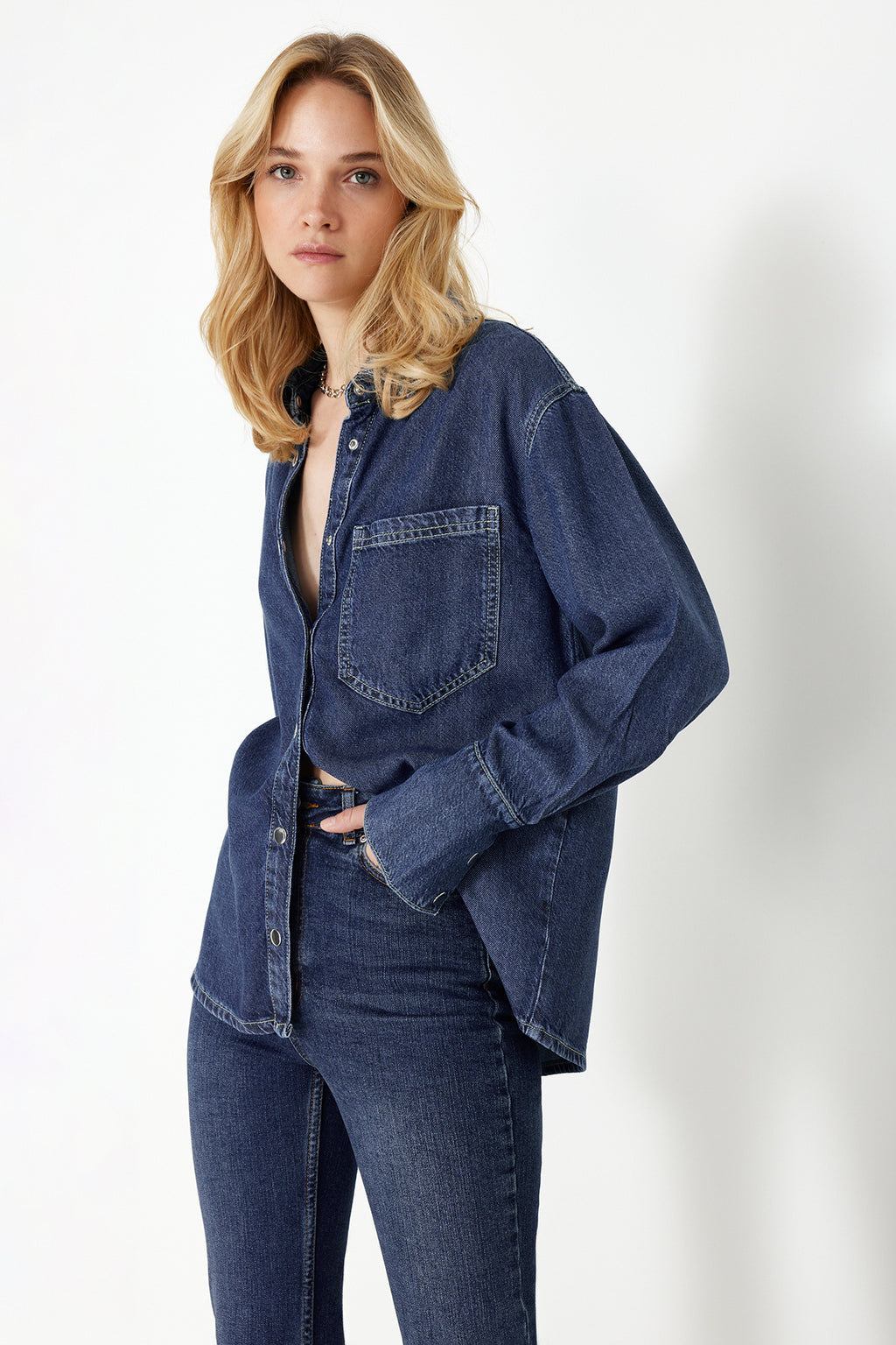 Oversize Long Sleeve Collared Denim Shirt