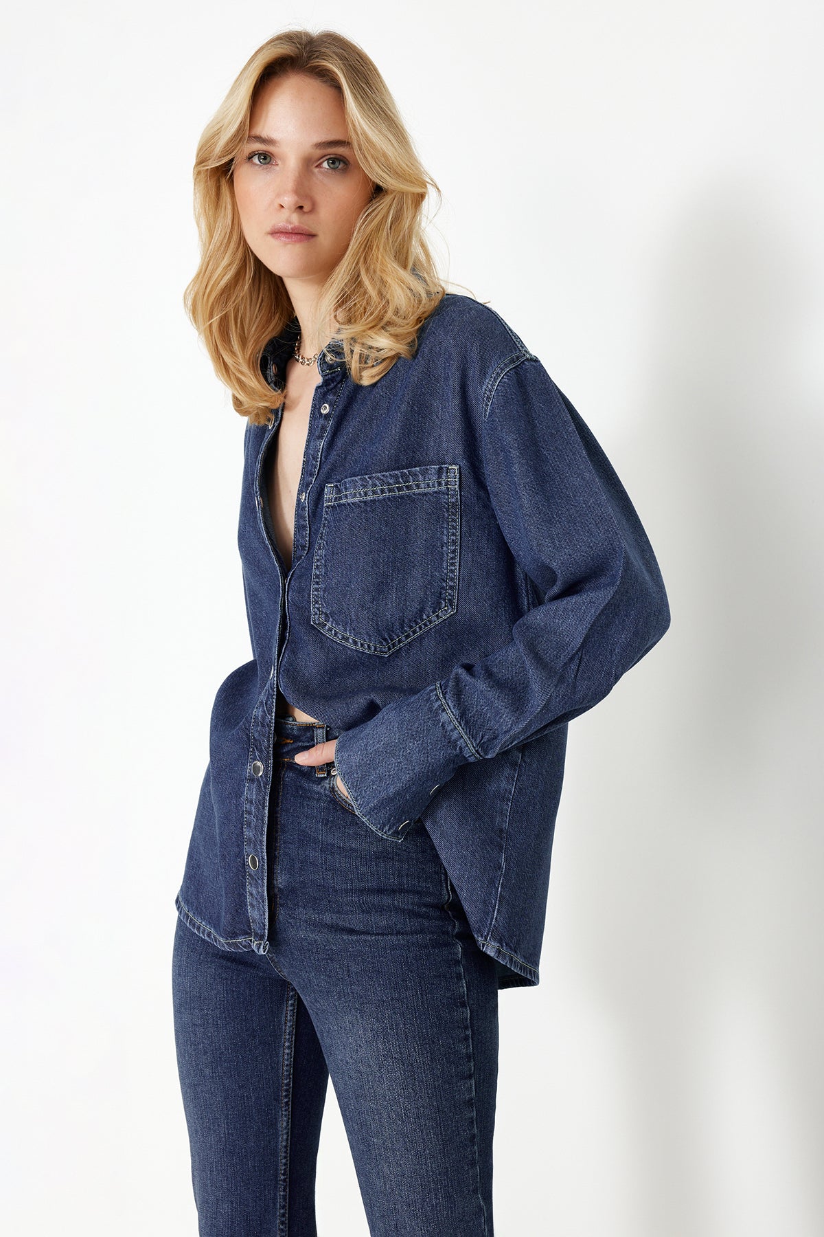 Oversize Long Sleeve Collared Denim Shirt