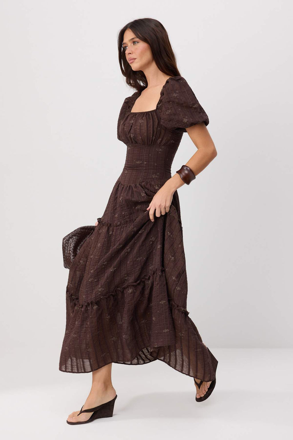 Square Neck Short Sleeve Embroidered Maxi Skater Dress