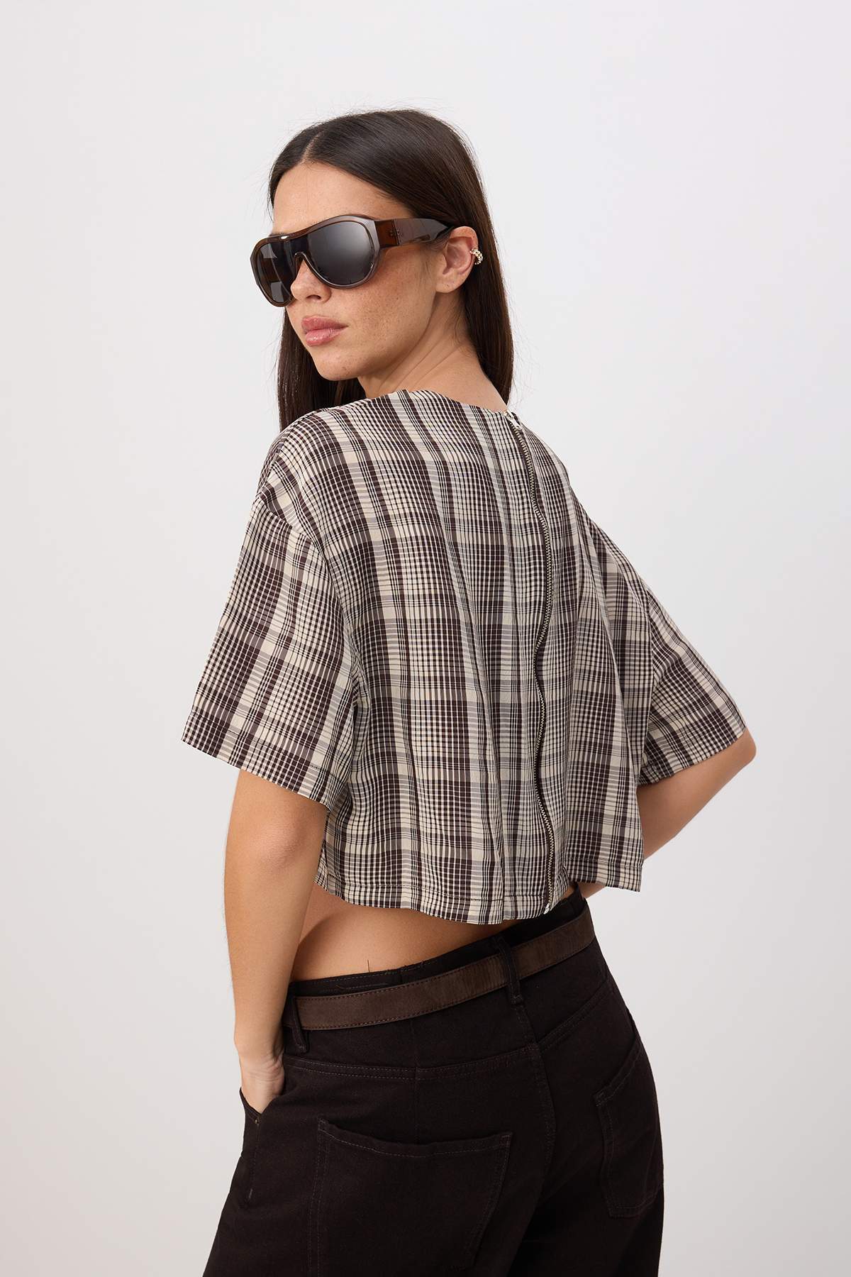 High Neck Long Sleeve Zip Front Crop Blouse