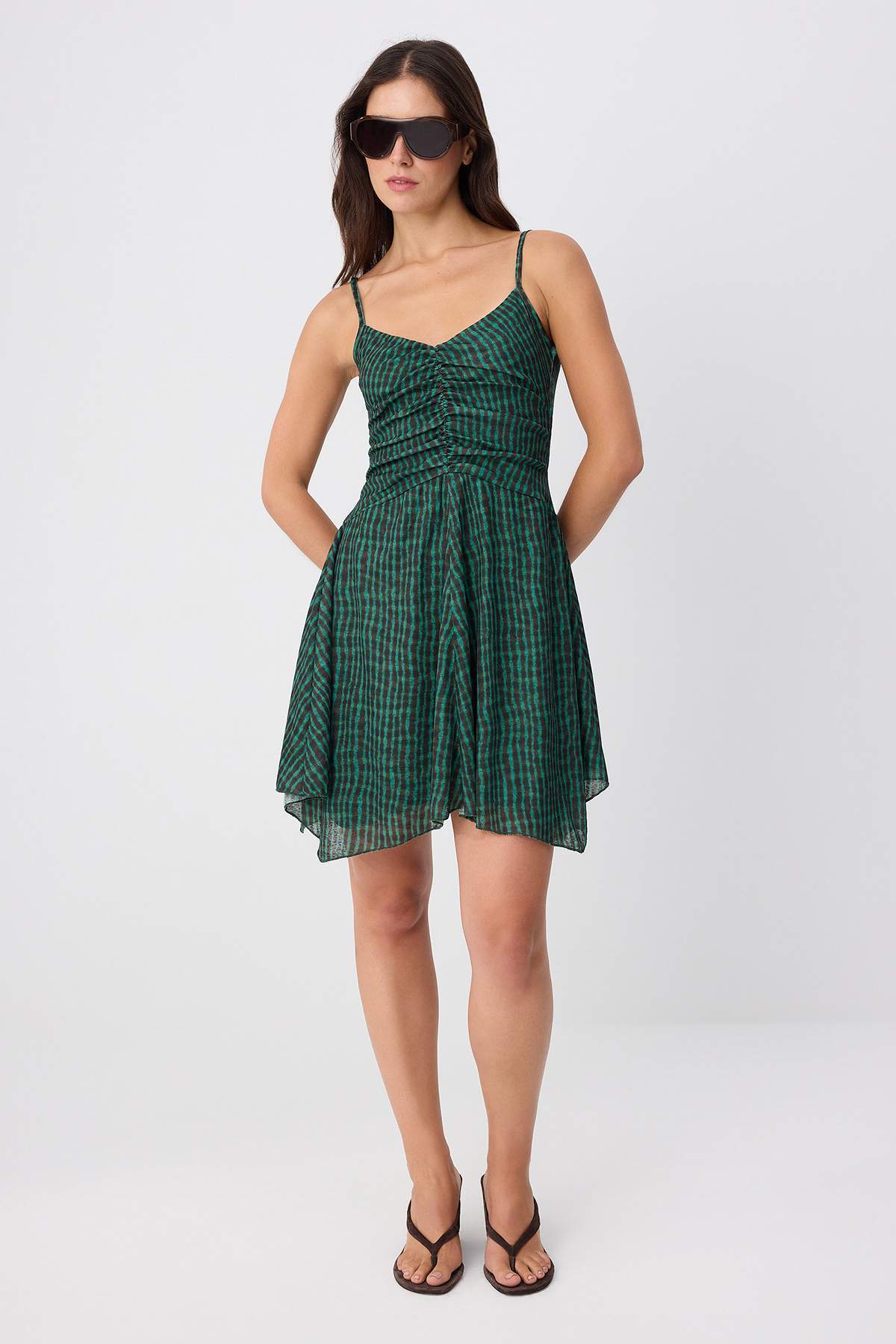 V Neck Sleeveless Gathered Mini Dress