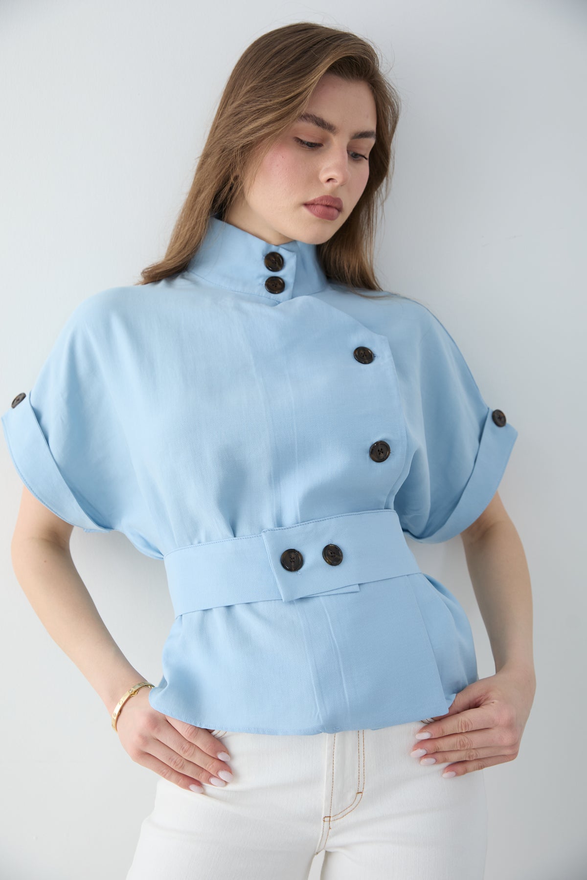 Lyocell Blend Short Sleeve Relaxed Fit Blouse Jacket