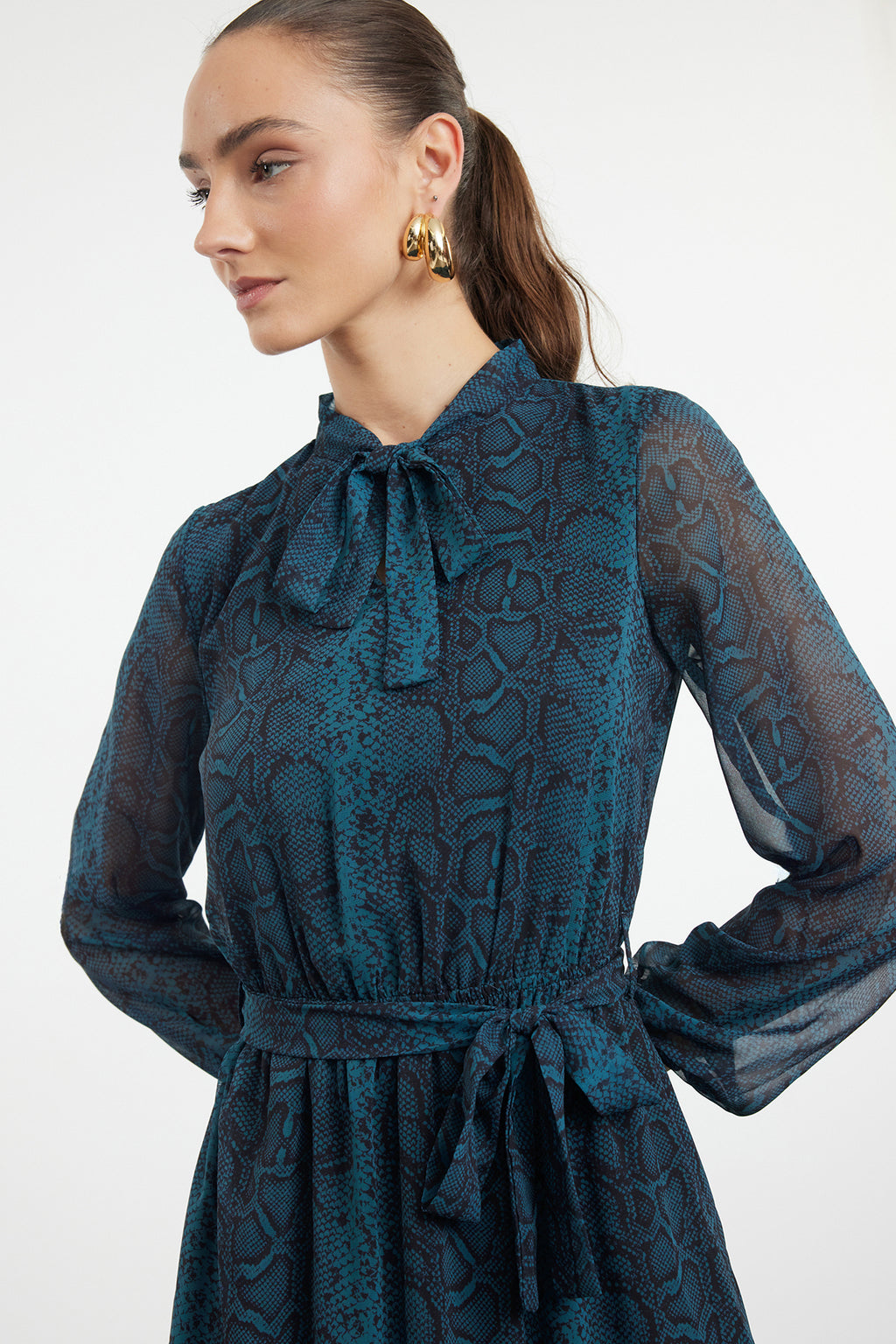 Frill Neck Long Sleeve Skater Midi Dress
