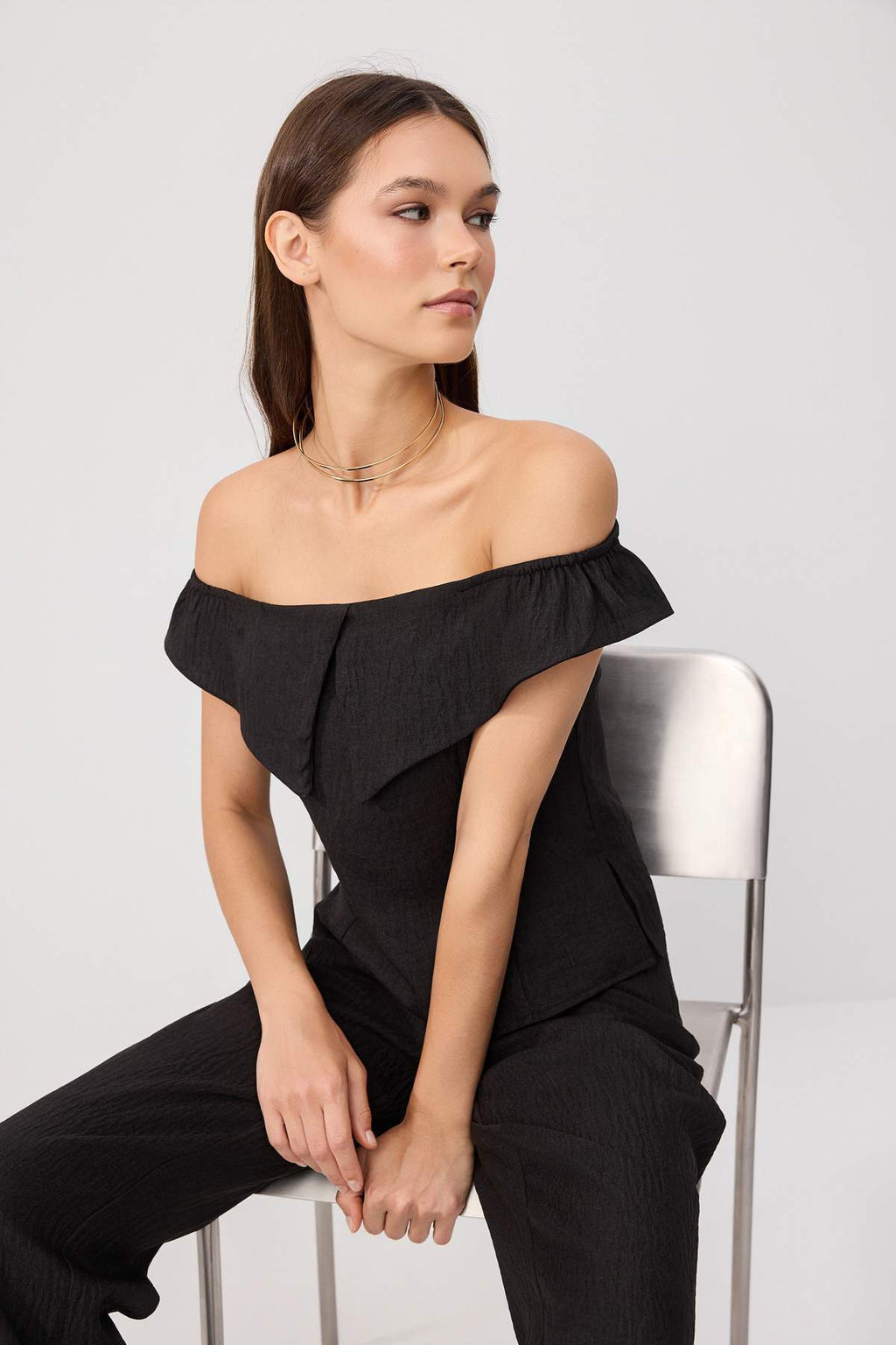 2-Piece Boat Neck Fitted Blouse and Wide Leg Trouser Co-ord