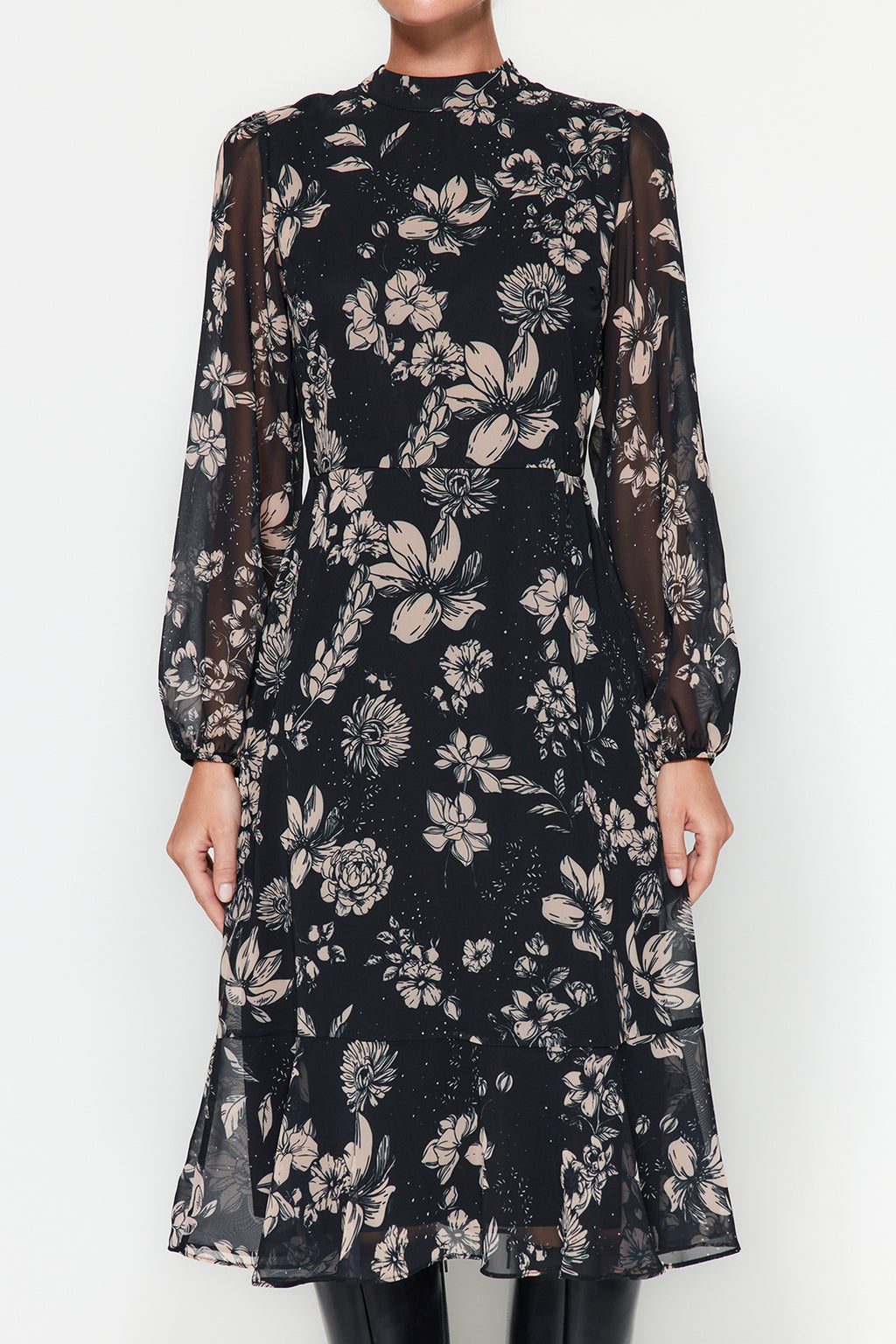 High Neck Long Sleeve Tiered Midi Dress