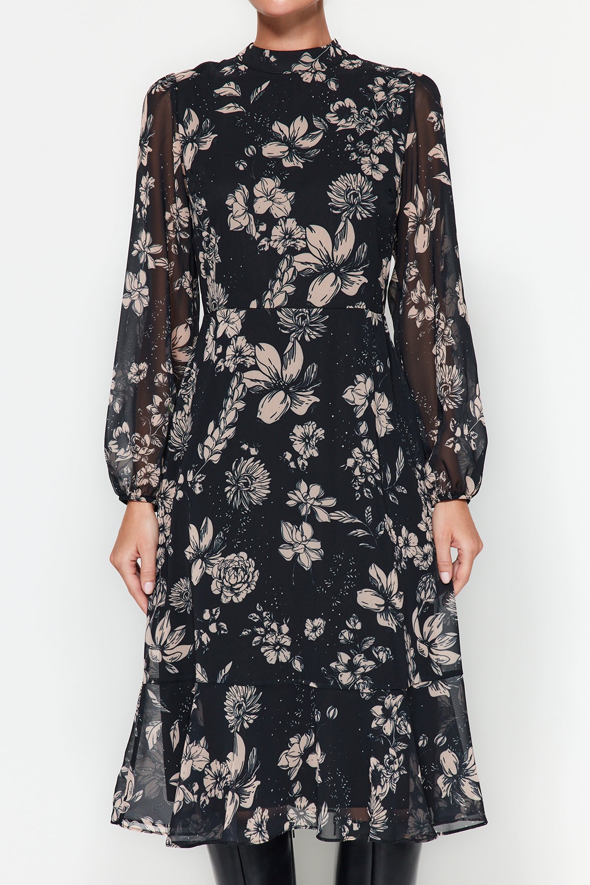 High Neck Long Sleeve Tiered Midi Dress