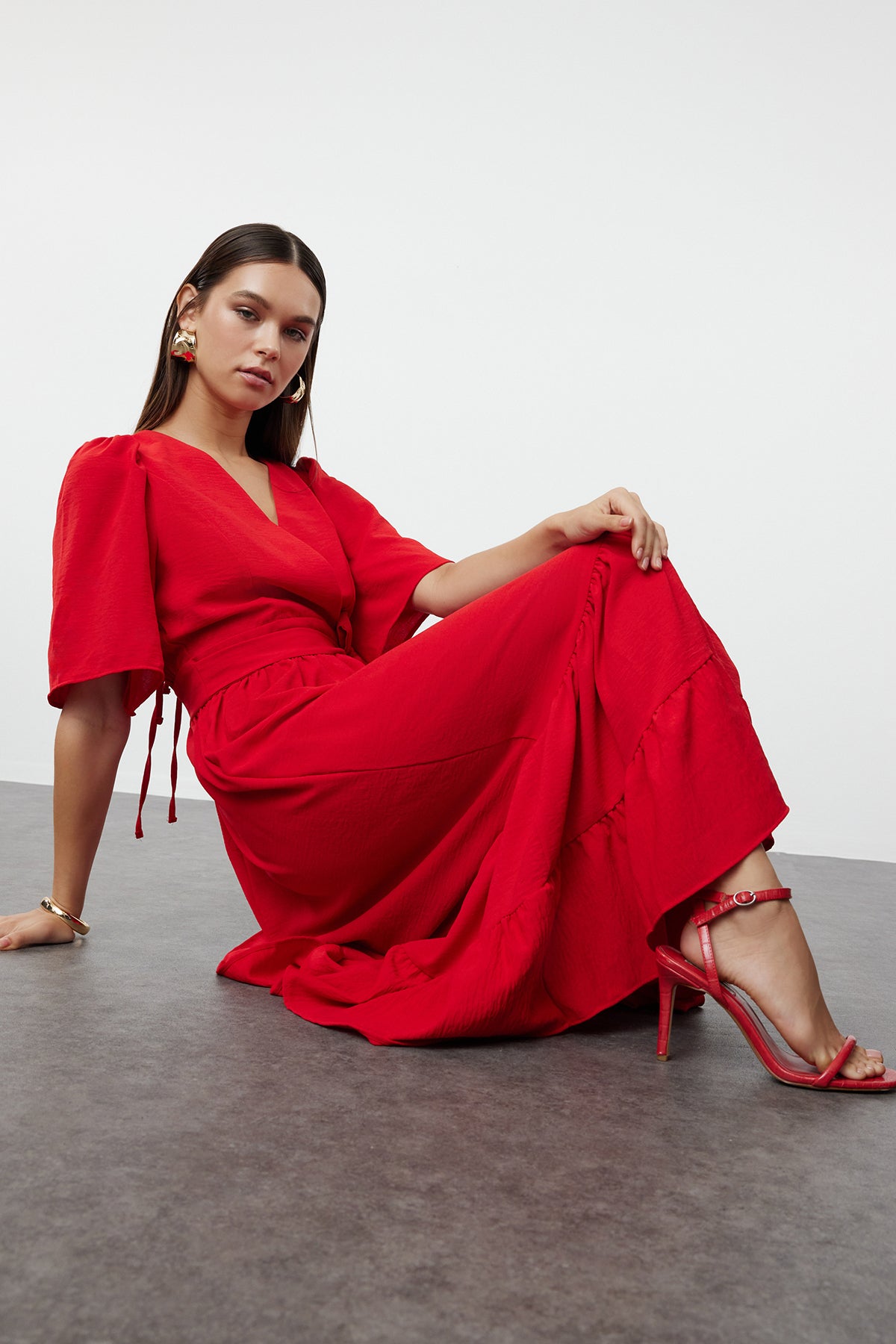 Belted Wrap Neck Back Detail Midi Dress