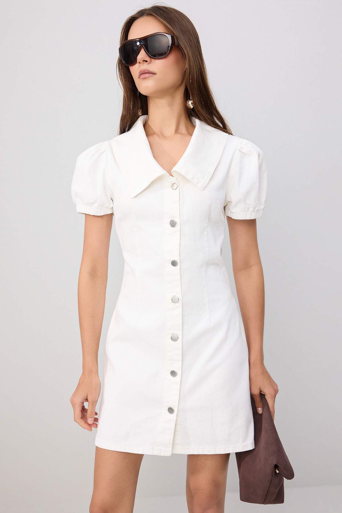 Collared Balloon Sleeve Button Front Mini Dress
