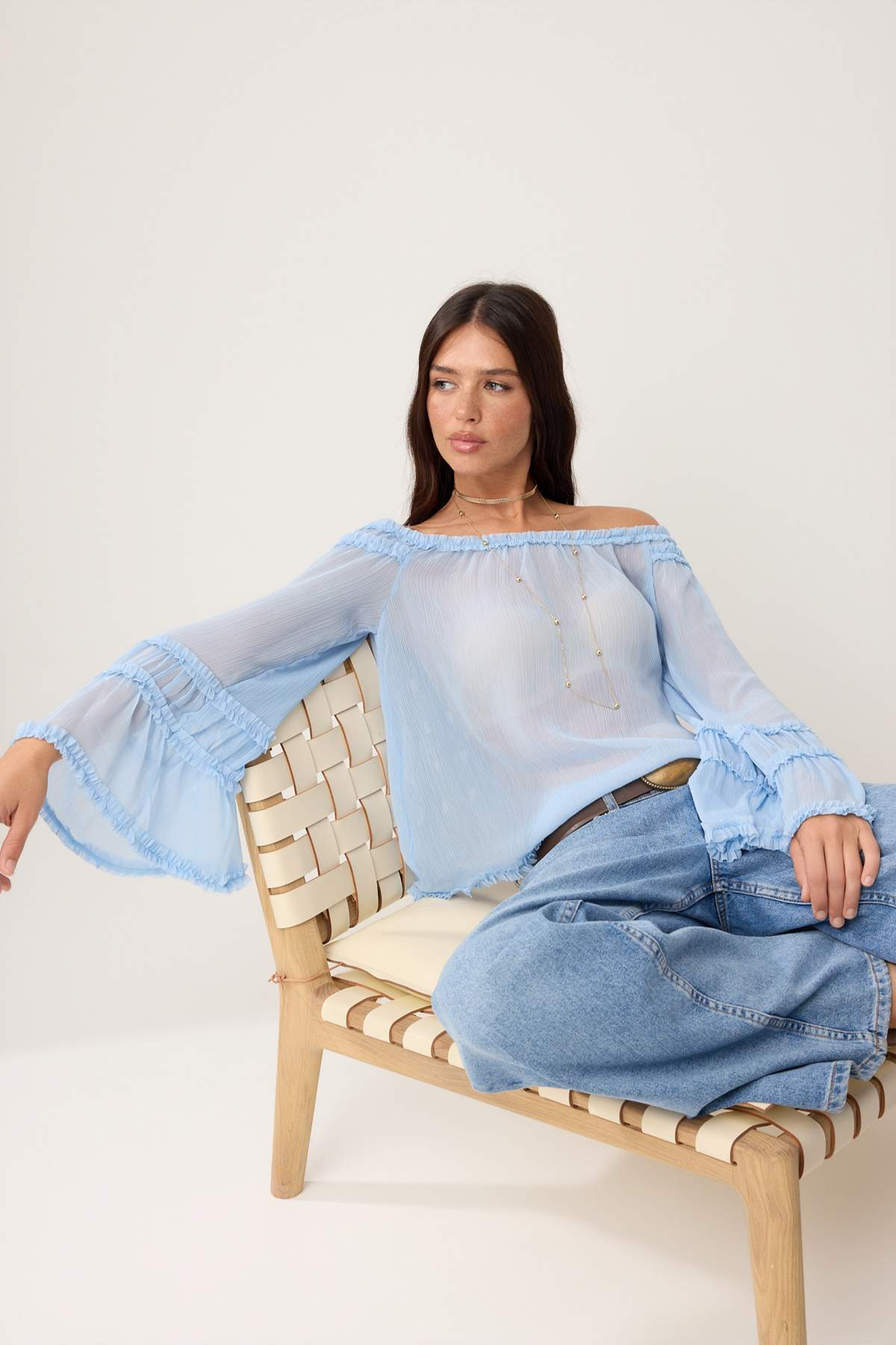Carmen Neck Ruffle Detail Sheer Woven Blouse