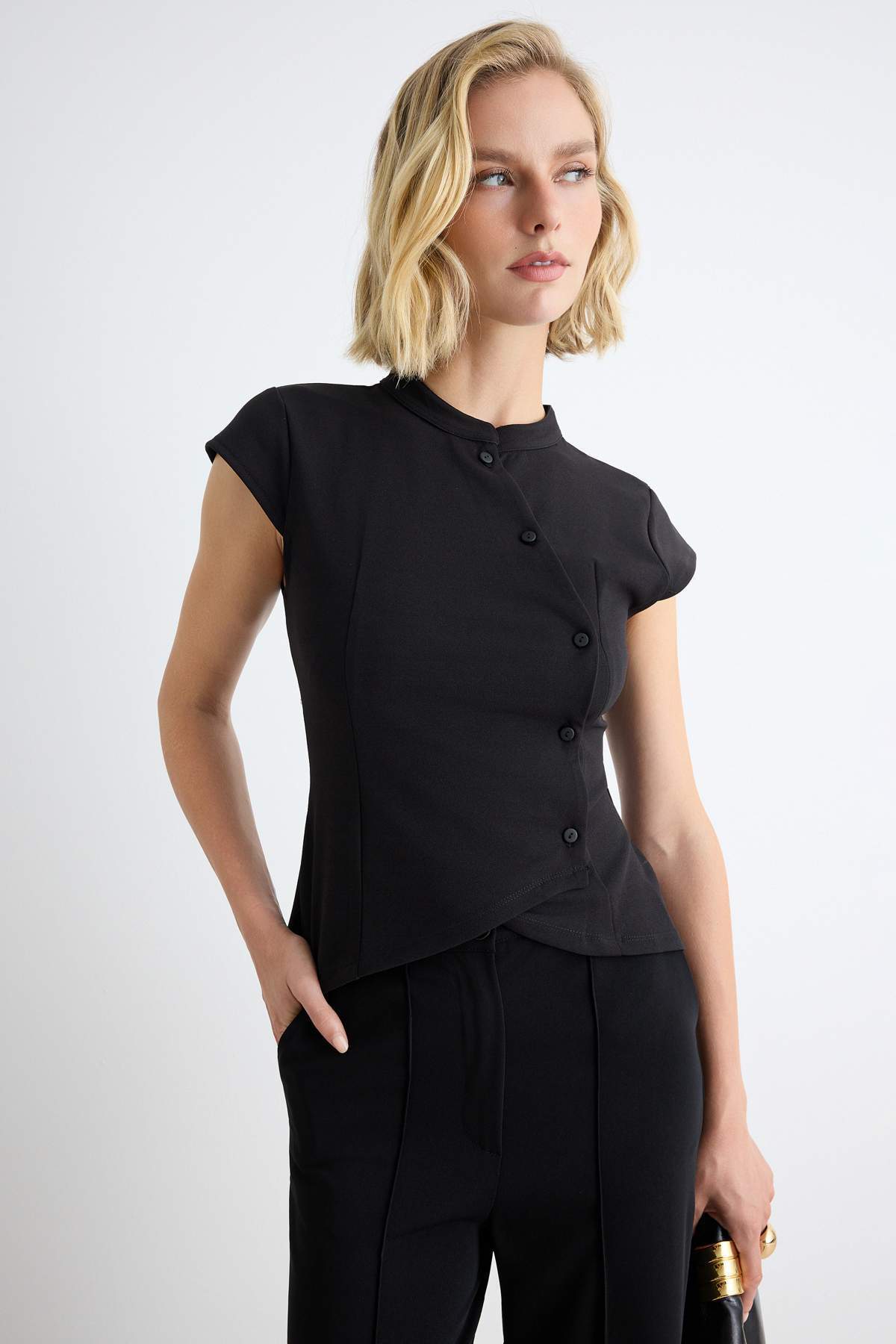 Fitted Mandarin Collar Bracelet Sleeve Button Detail Asymmetric Blouse