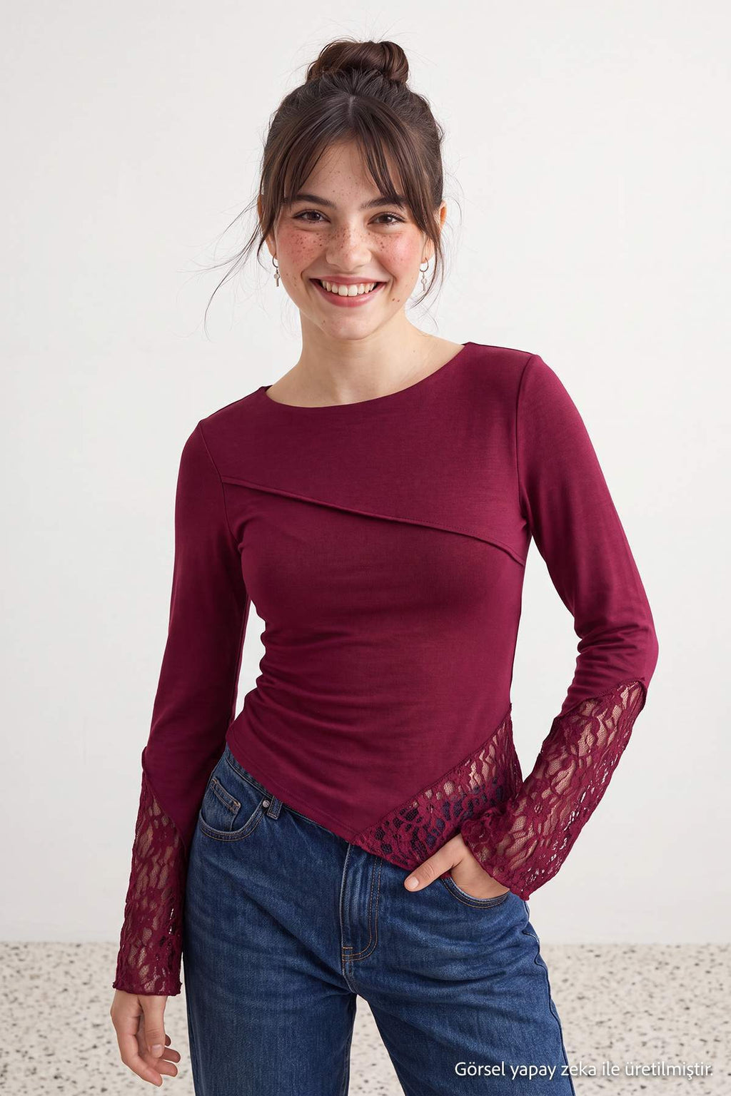 Boat Neck Spanish Sleeve Lace Detail Fitted Blouse