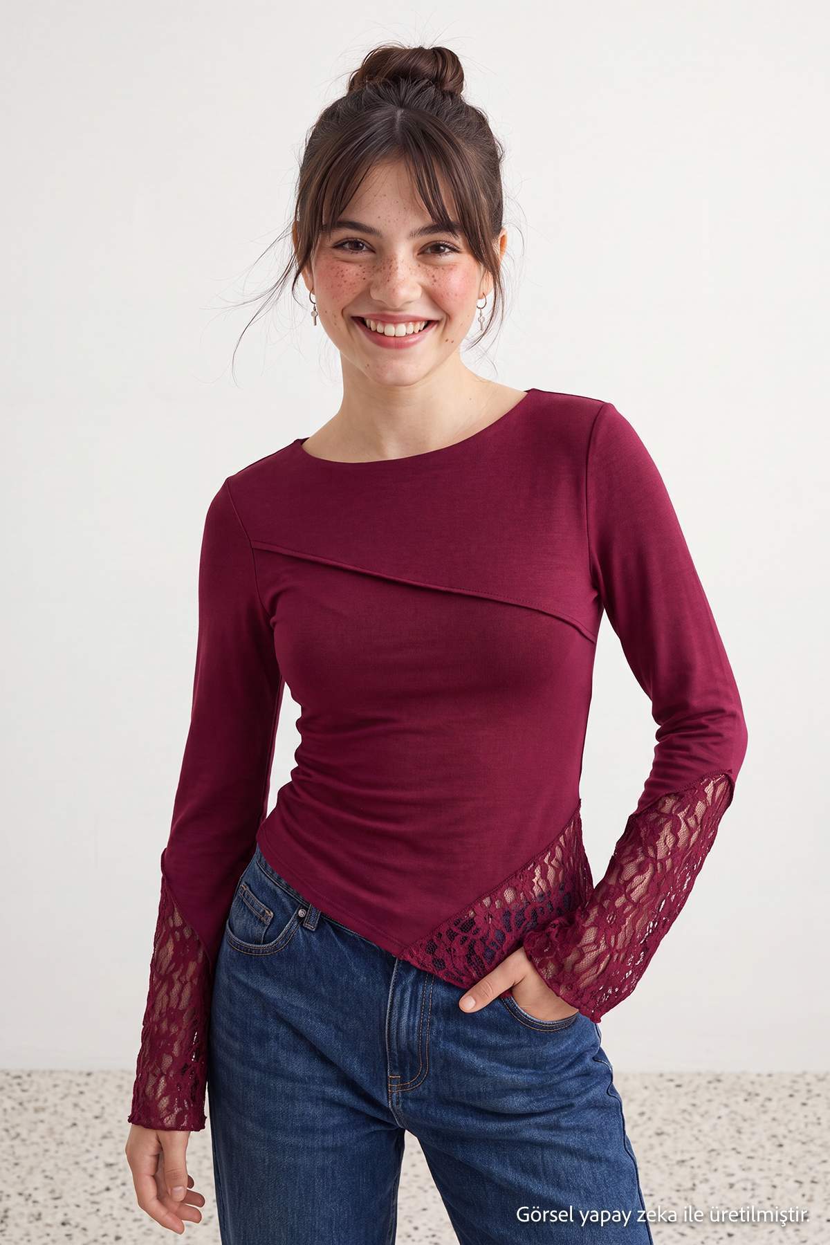 Boat Neck Spanish Sleeve Lace Detail Fitted Blouse