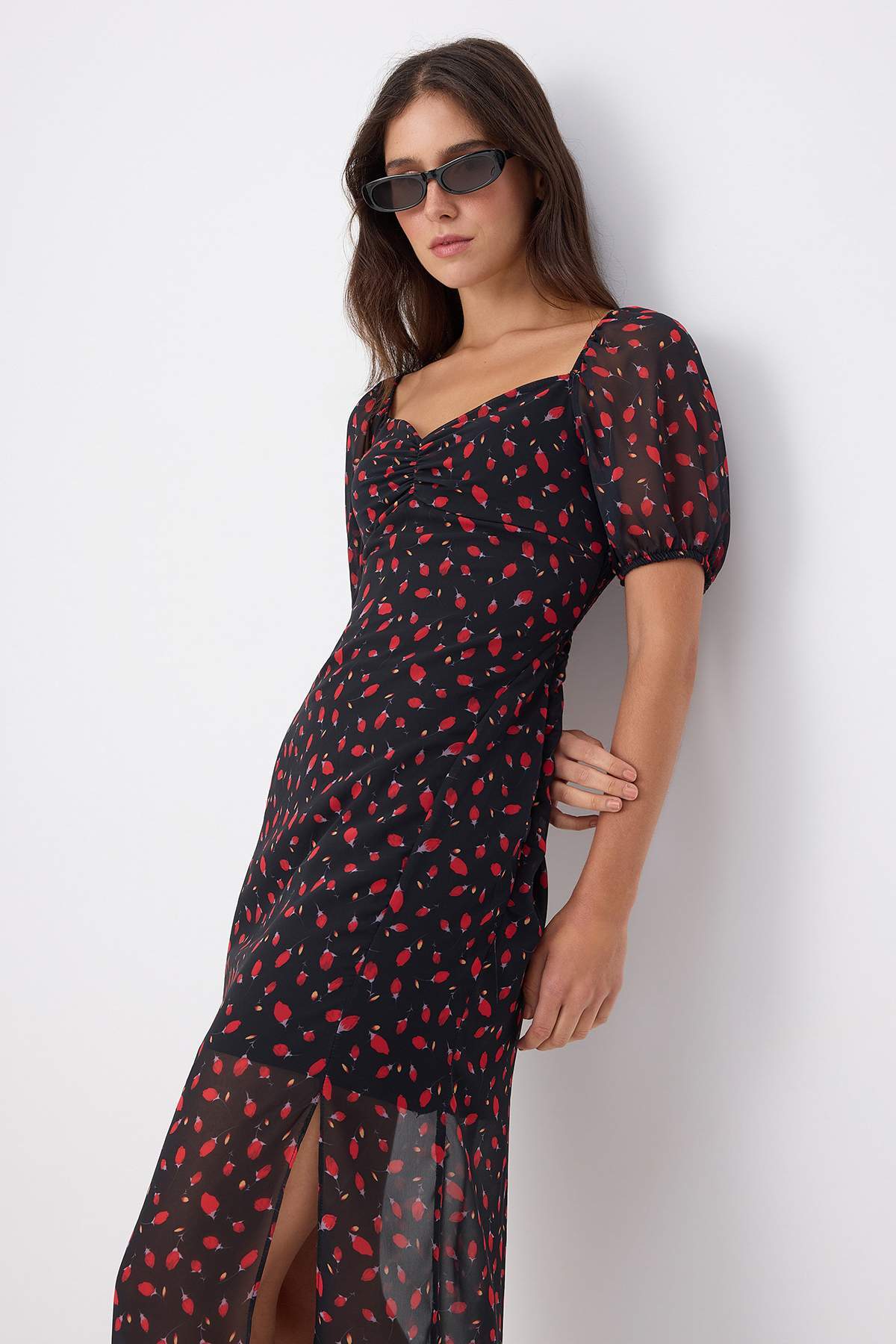 Heart Neck Short Sleeve Shift Maxi Dress