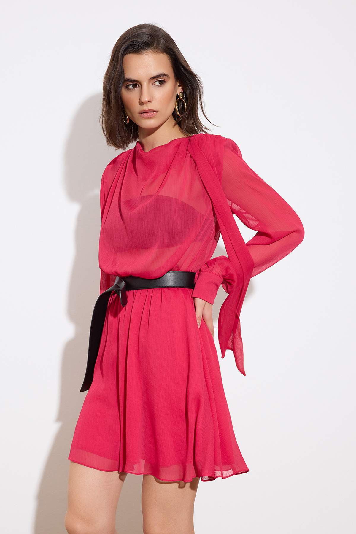 Fular Neck Belted Long Sleeve Skater Mini Dress