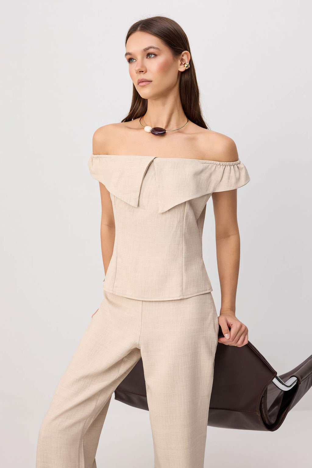 2-Piece Boat Neck Fitted Blouse and Wide Leg Trouser Co-ord