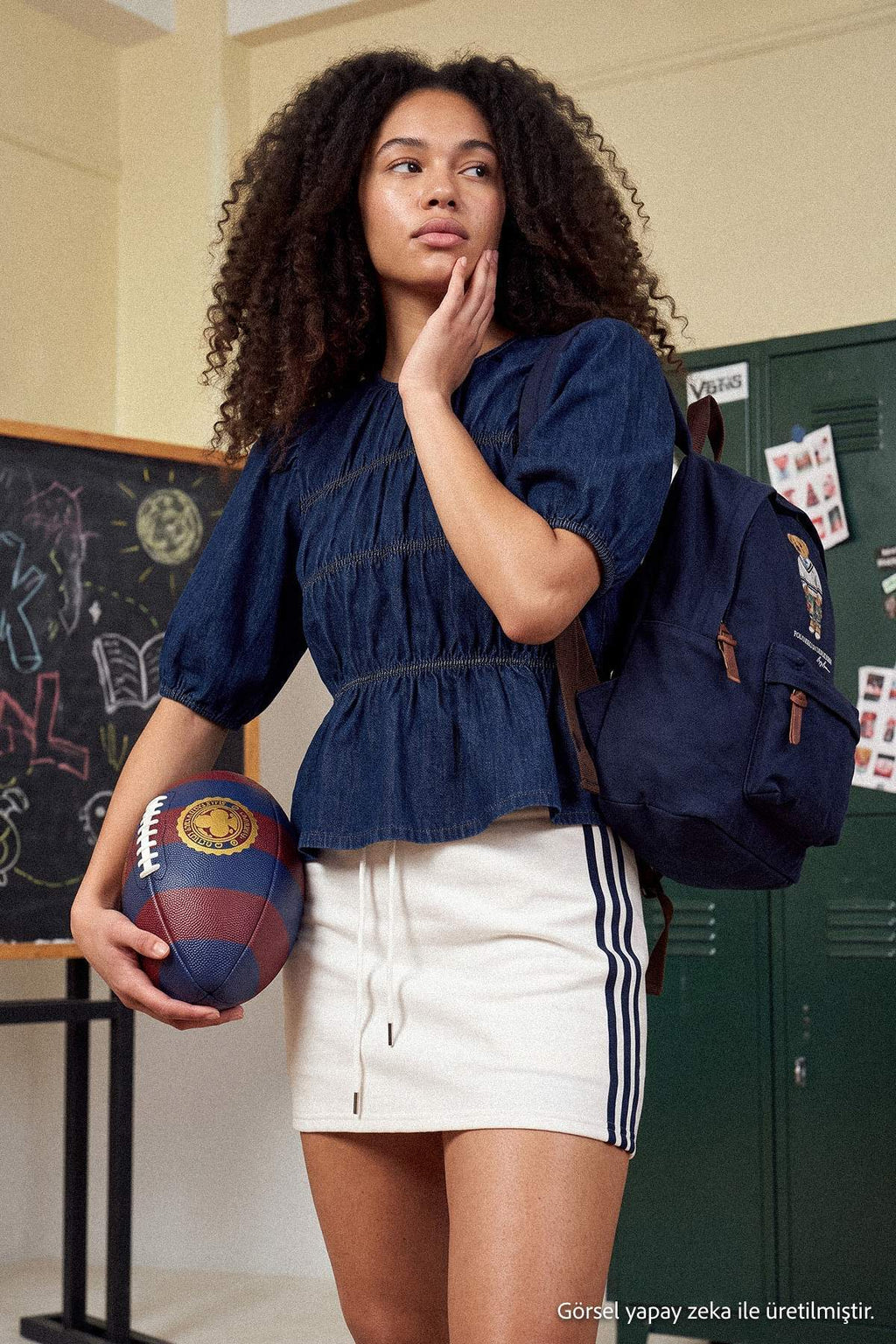 Balloon Sleeve Stitch Detail Crew Neck Denim Blouse