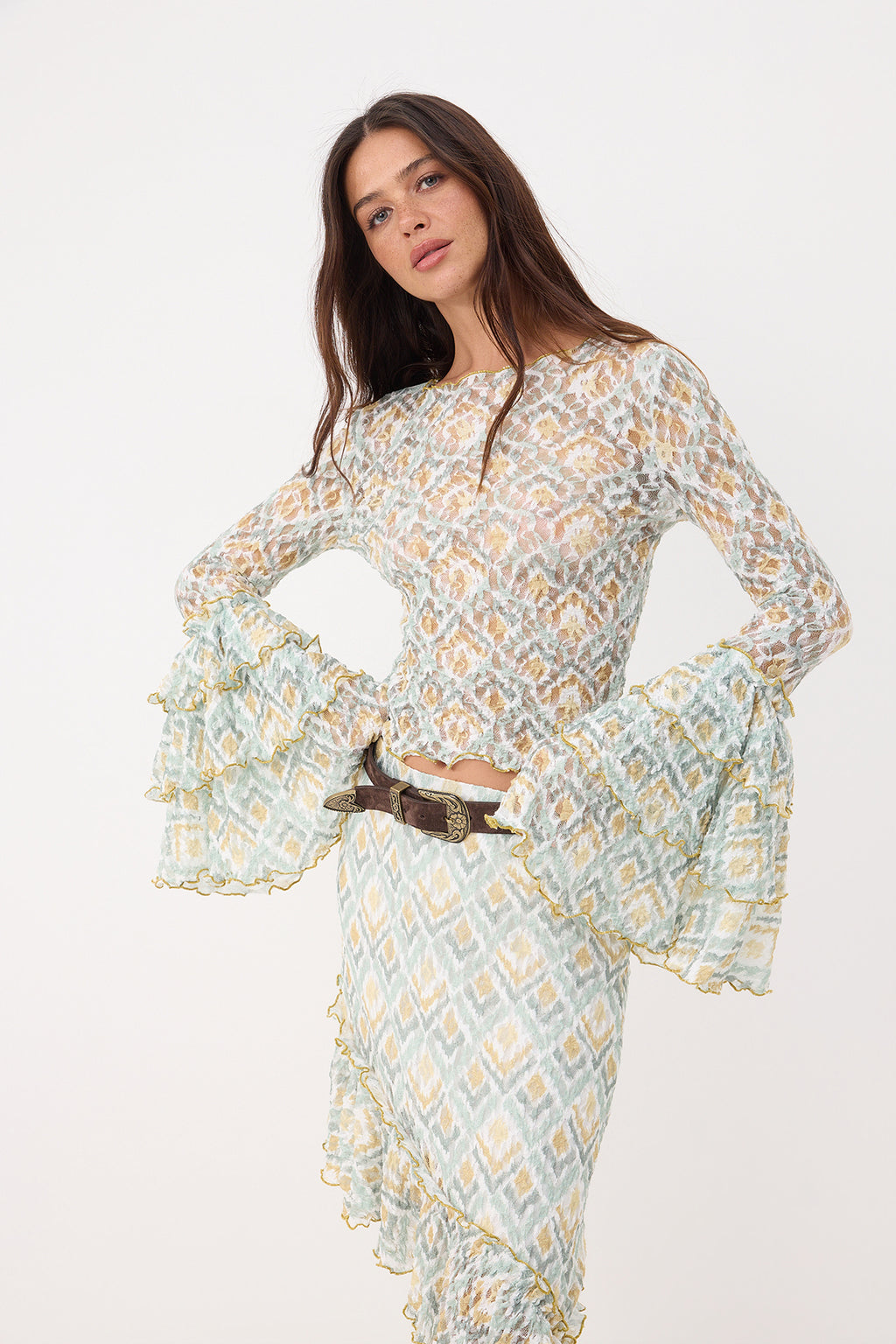 Fitted Crop Ruffle Sleeve Lace Blouse