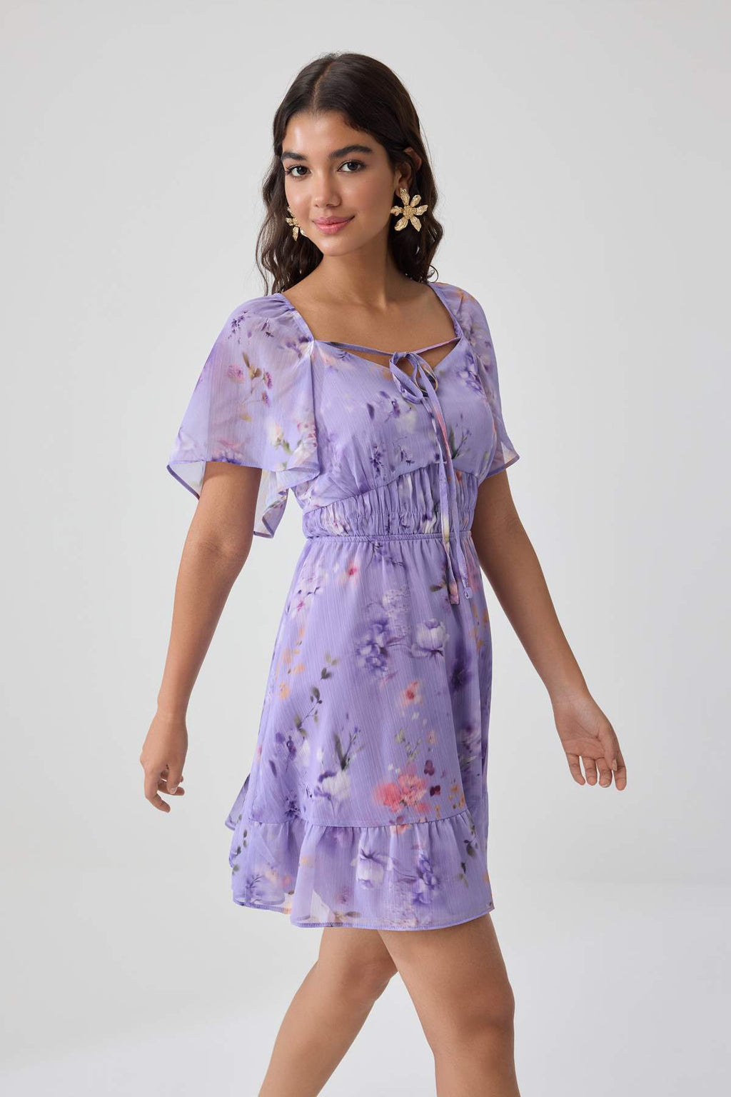 Heart Neck Angel Sleeve A-Line Mini Dress