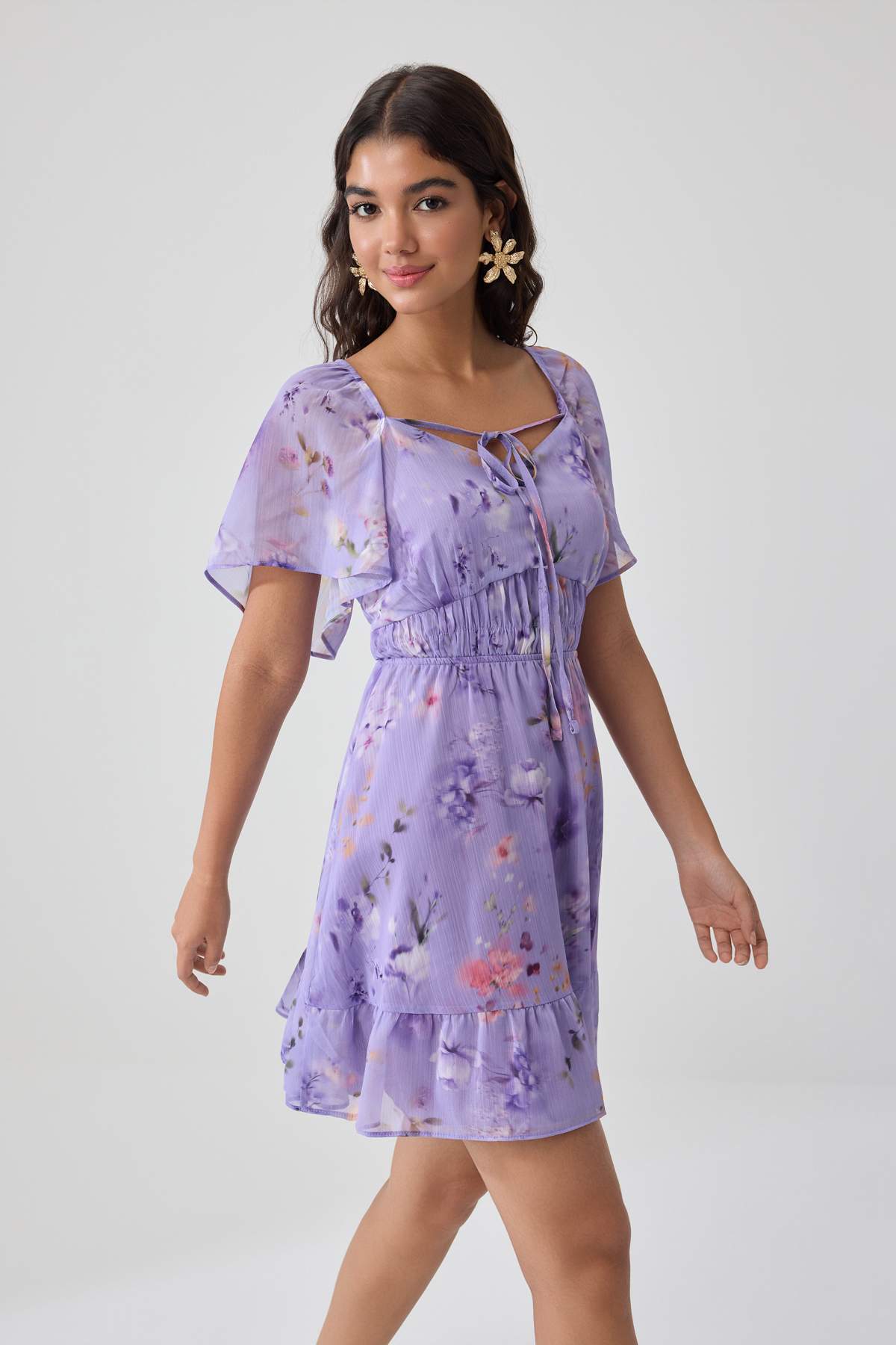 Heart Neck Angel Sleeve A-Line Mini Dress