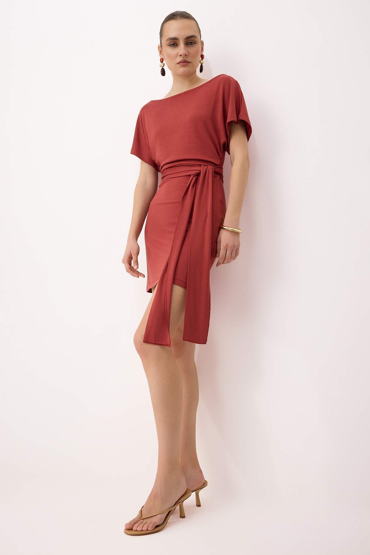 Bodycon Asymmetric Neck Tie Detail Short Sleeve Mini Dress