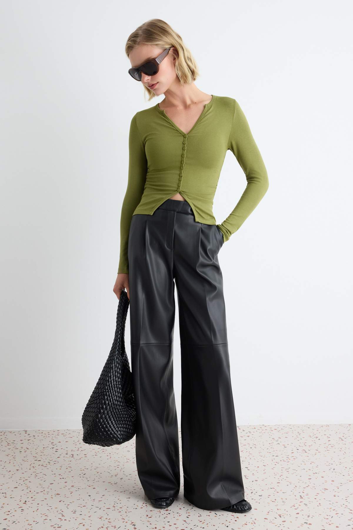 Fitted V Neck Button Front Long Sleeve Blouse