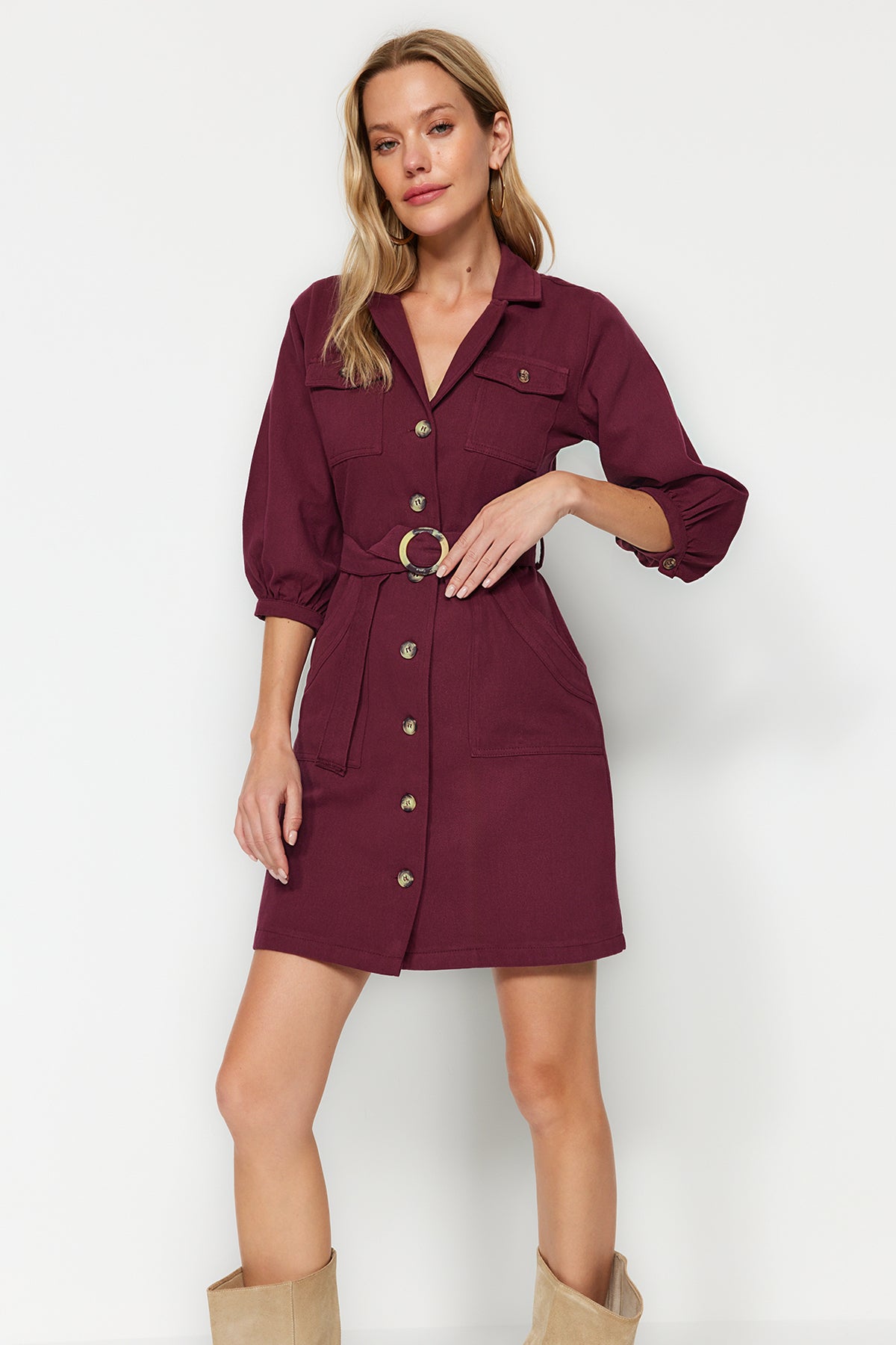 Belted Button Detail Long Sleeve Mini Shirt Dress