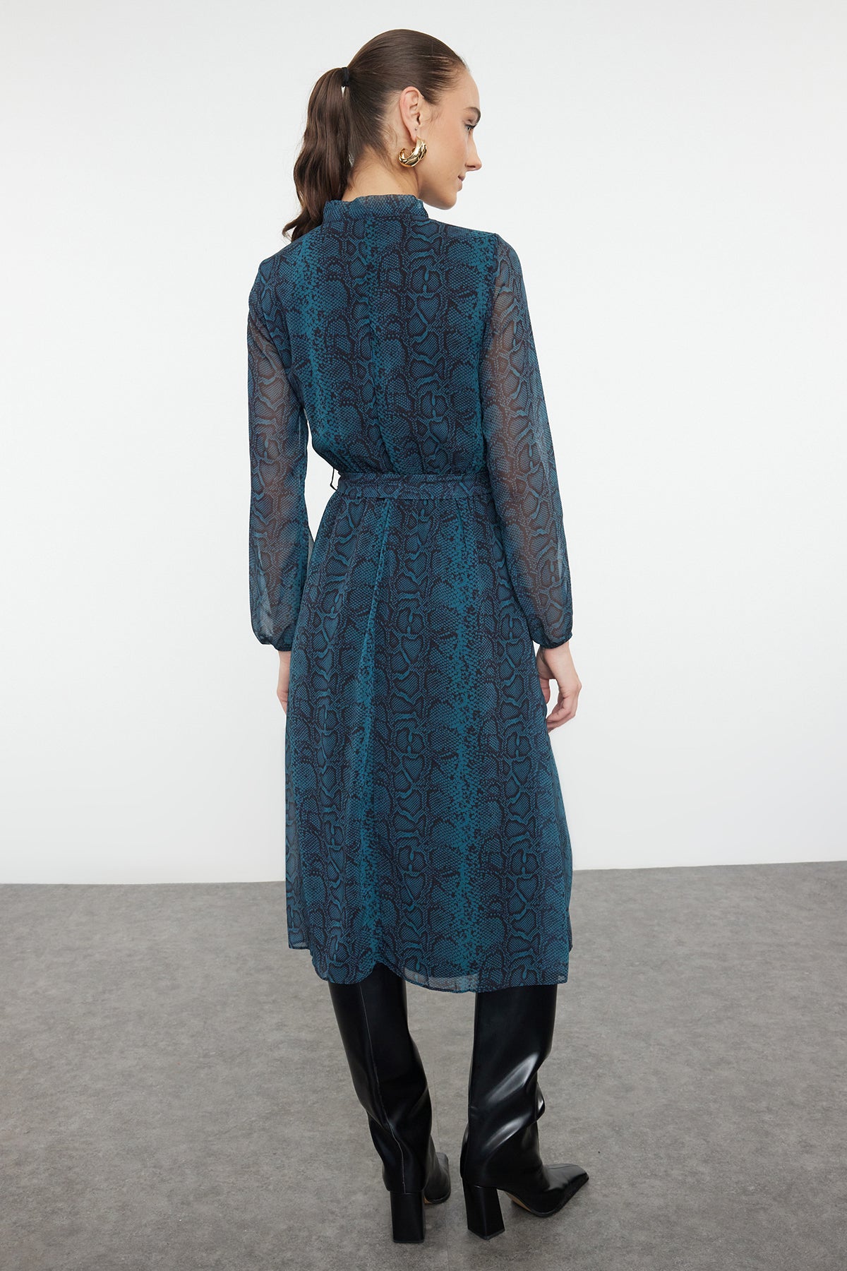 Frill Neck Long Sleeve Skater Midi Dress