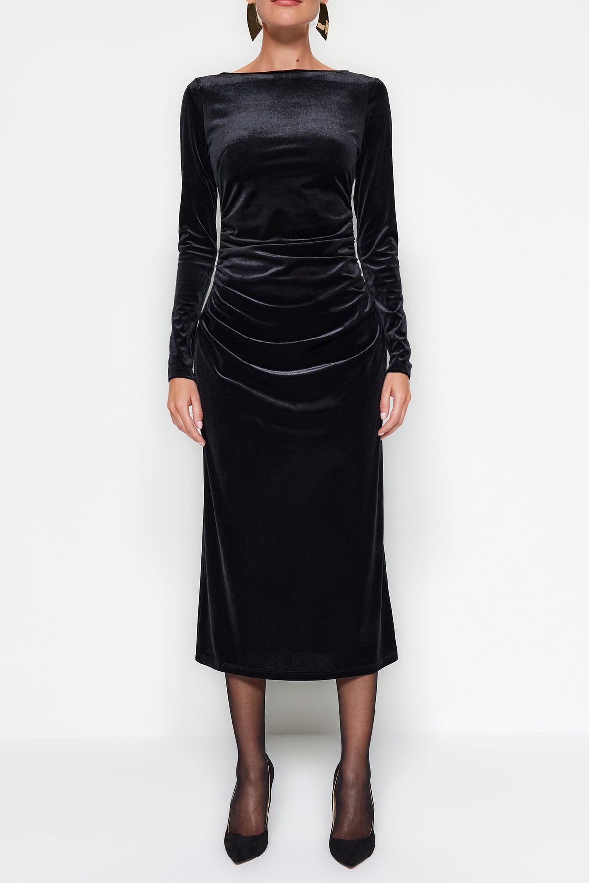 Velvet Gathered Boat Neck Long Sleeve Bodycon Maxi Dress
