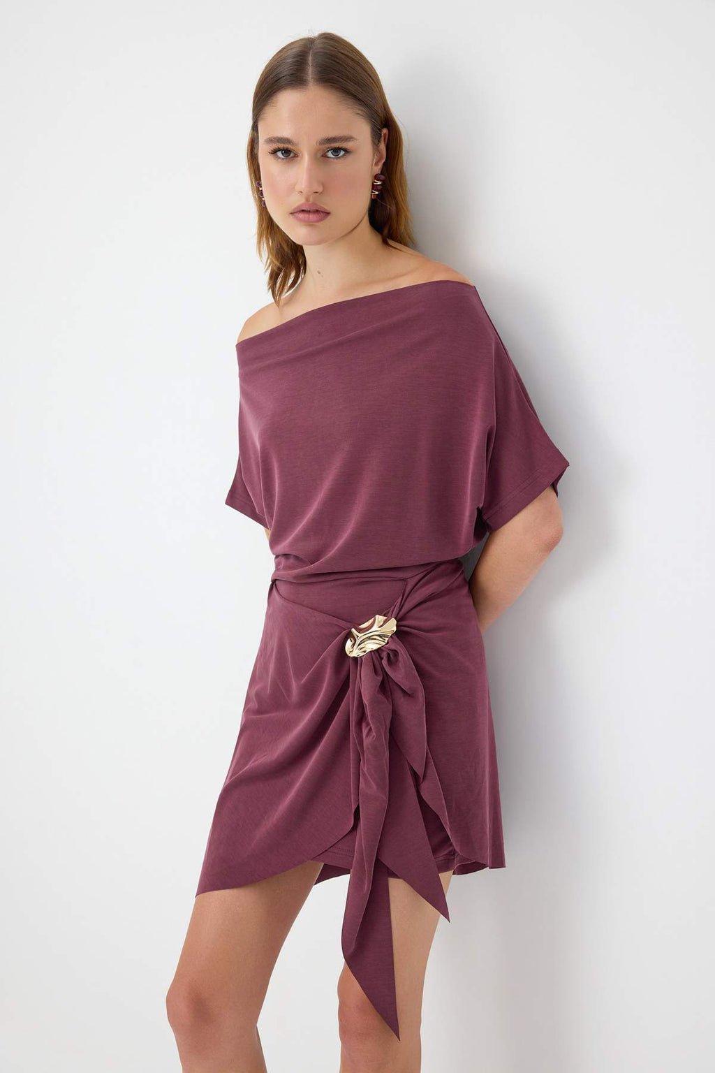 Premium Lyocell Boat Neck Drop Shoulder A-Line Mini Dress