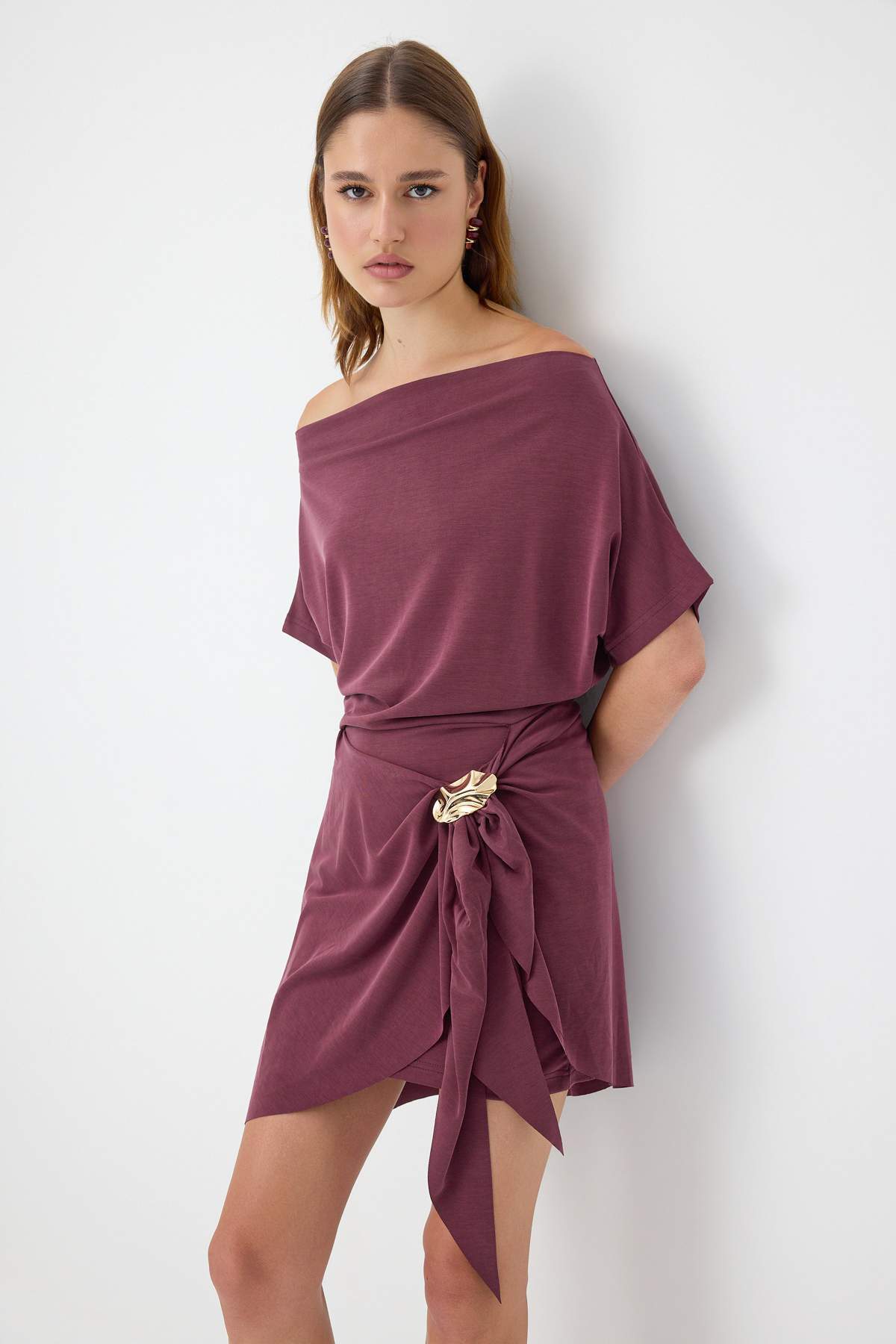 Premium Lyocell Boat Neck Drop Shoulder A-Line Mini Dress