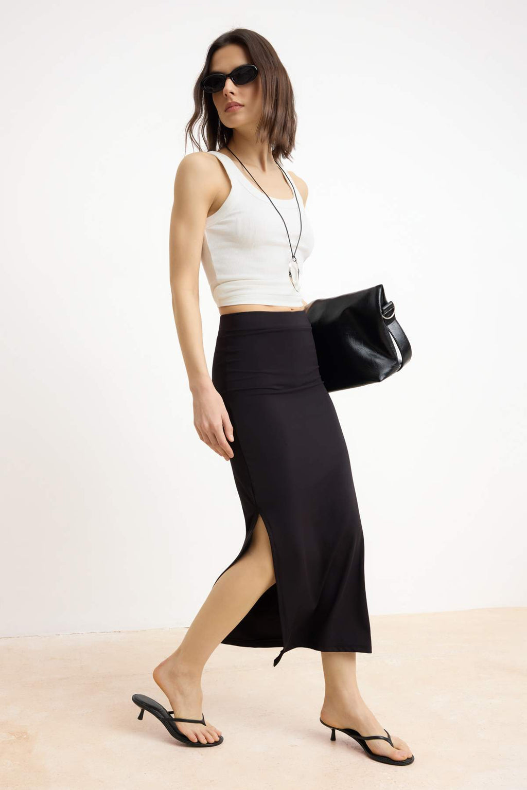 High Waist Slit Detail Bodycon Midi Skirt