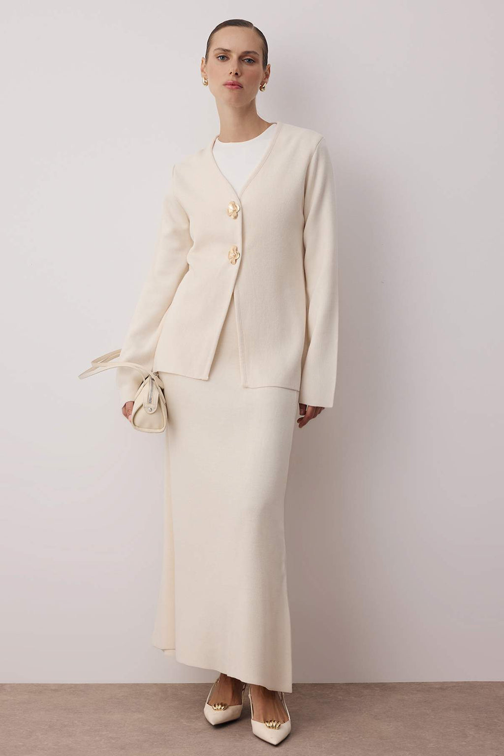 2-Piece Gold Button Detail V Neck Knitted Cardigan and Skirt Co-ord