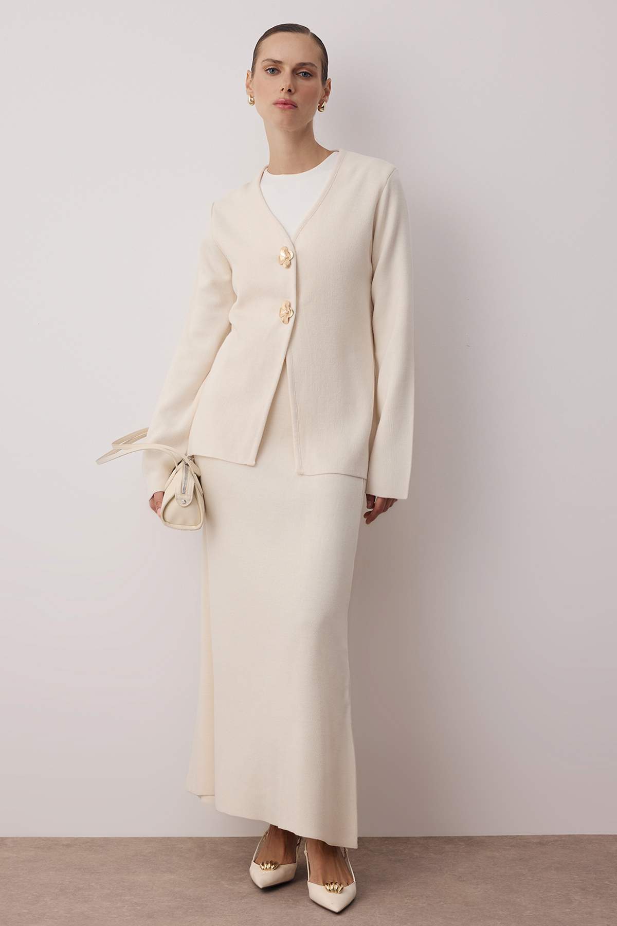 2-Piece Gold Button Detail V Neck Knitted Cardigan and Skirt Co-ord