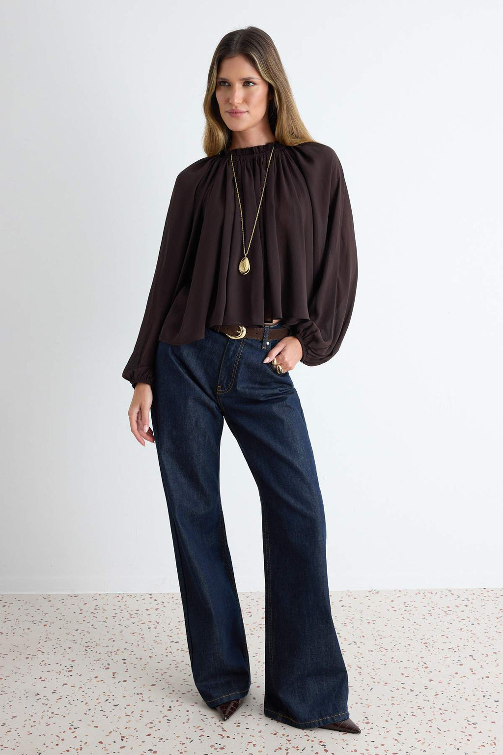High Neck Raglan Sleeve Gathered Oversized Woven Blouse