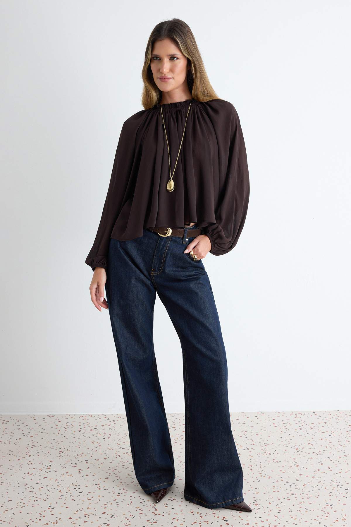 High Neck Raglan Sleeve Gathered Oversized Woven Blouse