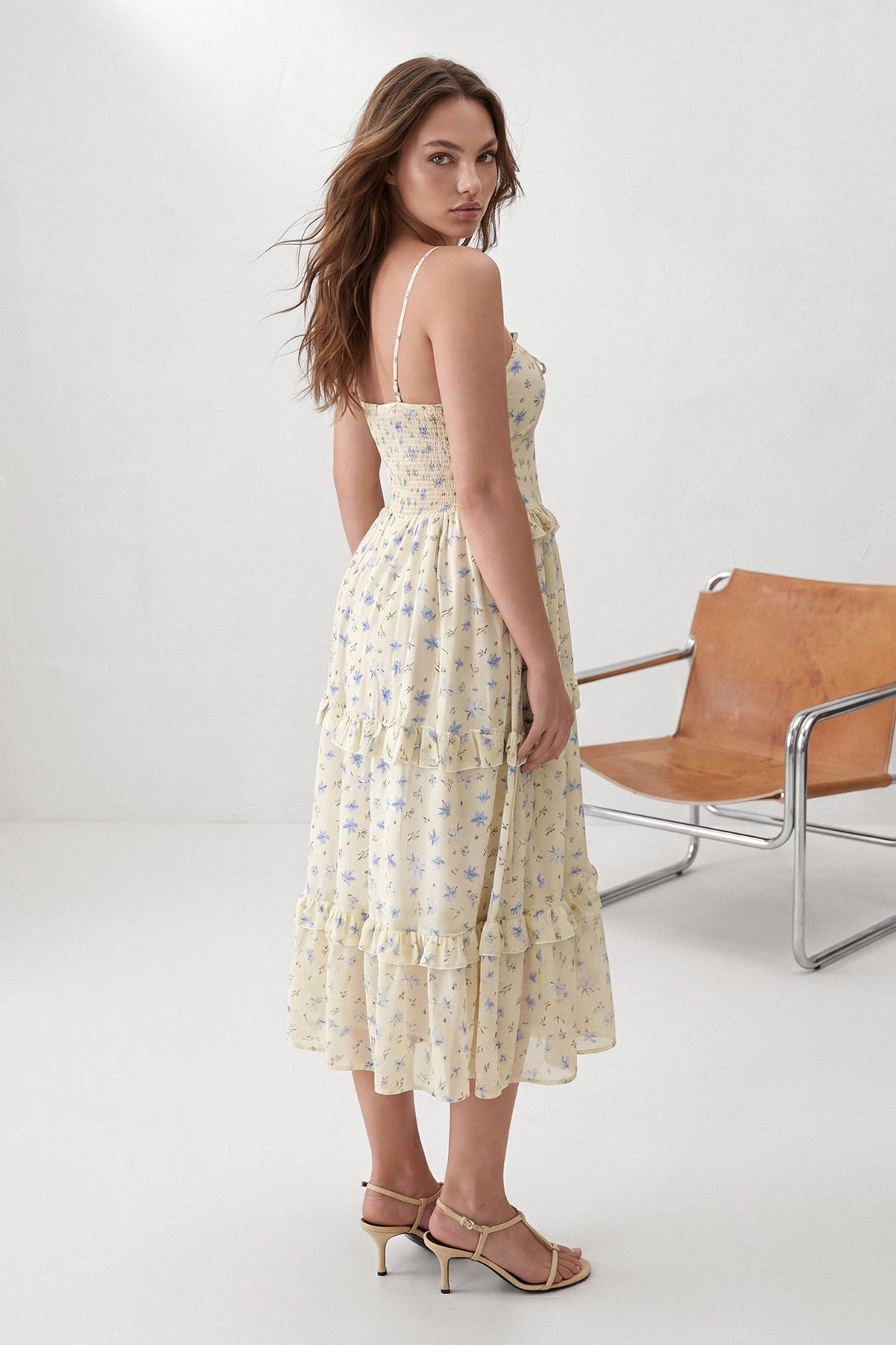 Square Neck Thin Strap Ruffle Detail Fit and Flare Maxi Dress