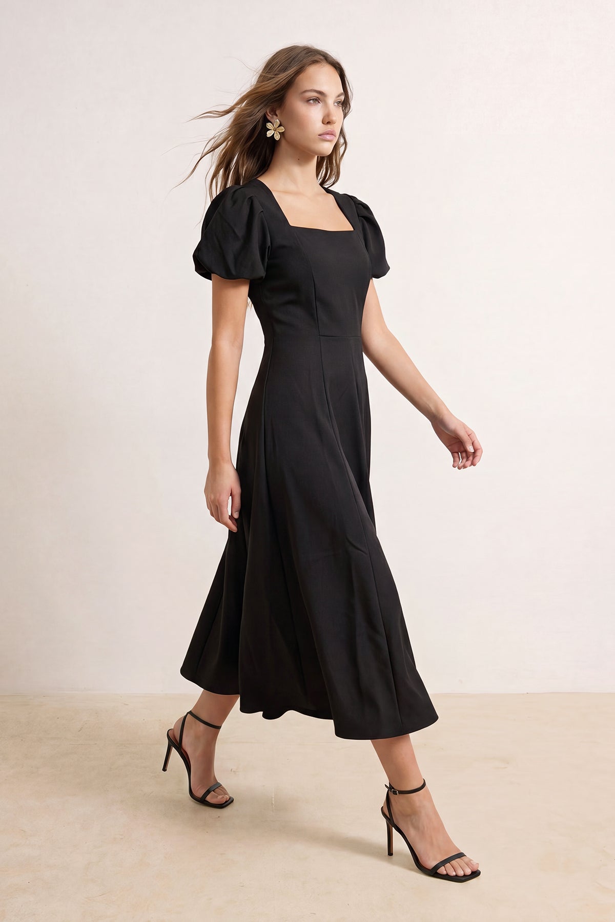 Square Neck Puff Sleeve Midi Skater Dress