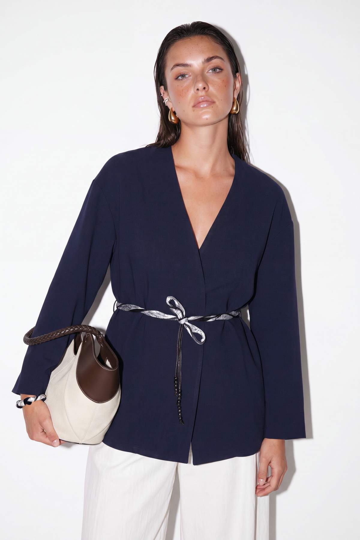 Collarless Belted Relaxed Fit Long Sleeve Jacket