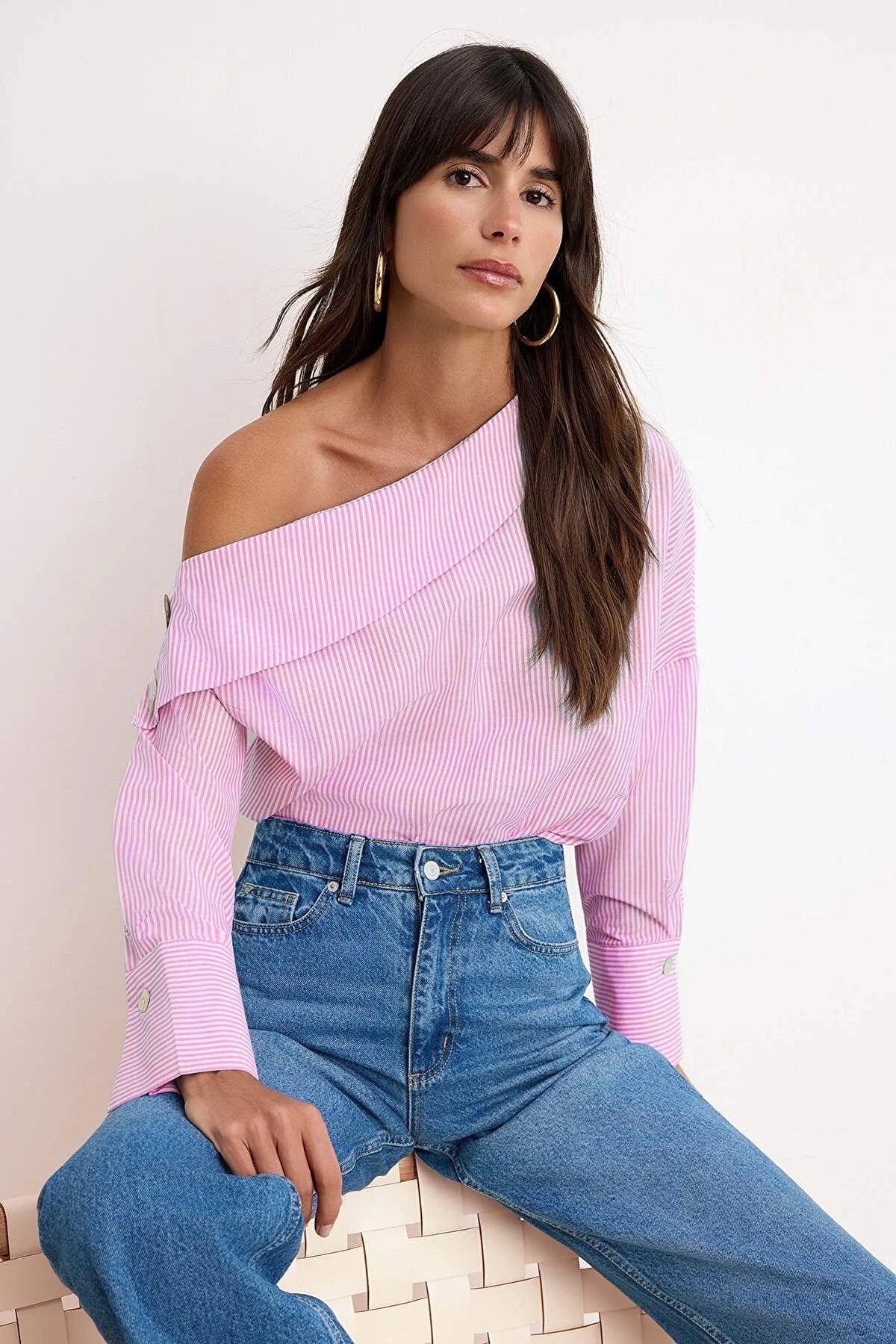 Asymmetric Neck Long Sleeve Woven Blouse