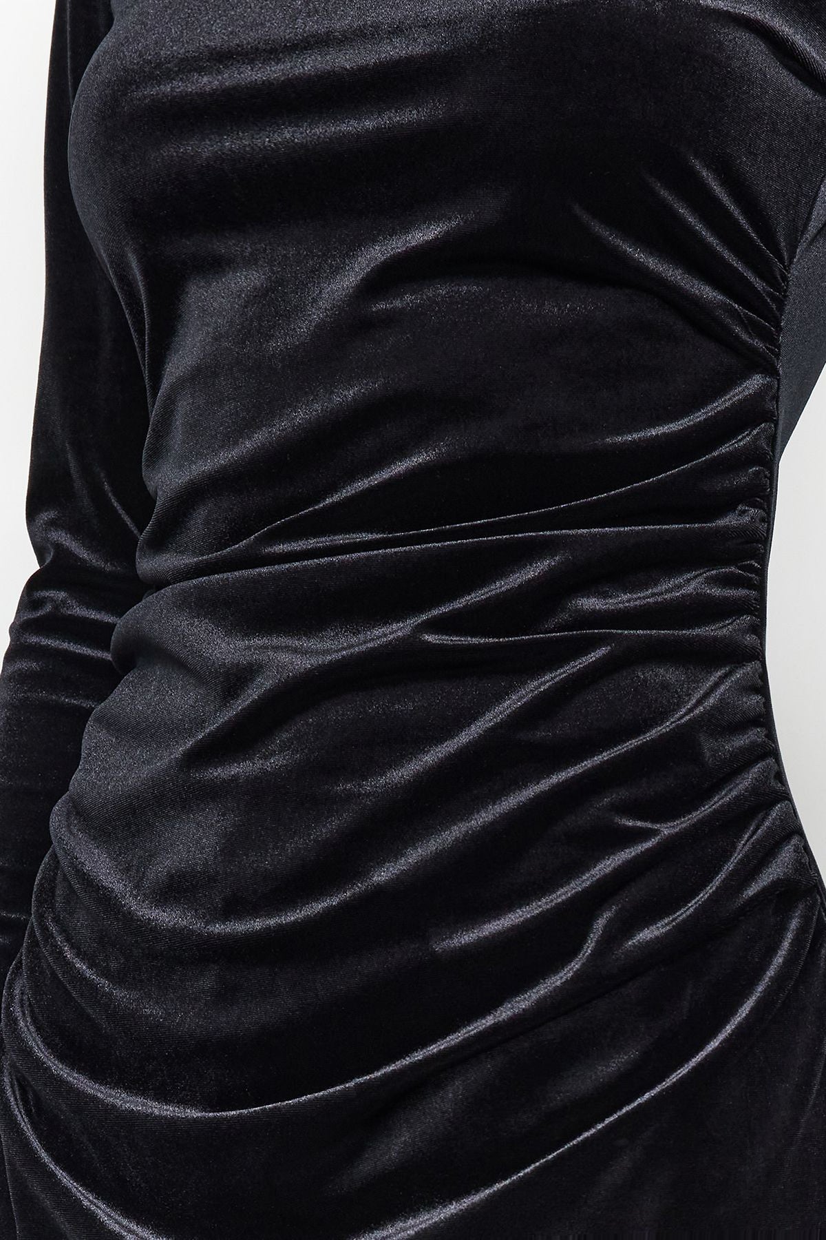Velvet Gathered Boat Neck Long Sleeve Bodycon Maxi Dress