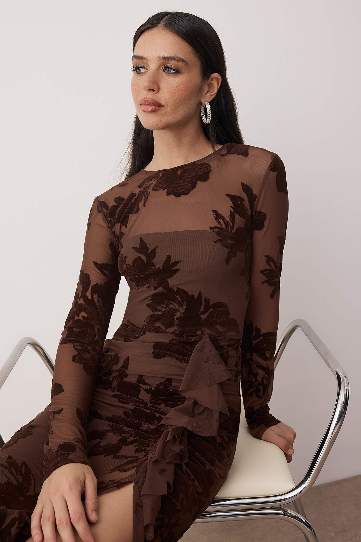 Flocked Mesh Lined Long Sleeve Bodycon Midi Dress